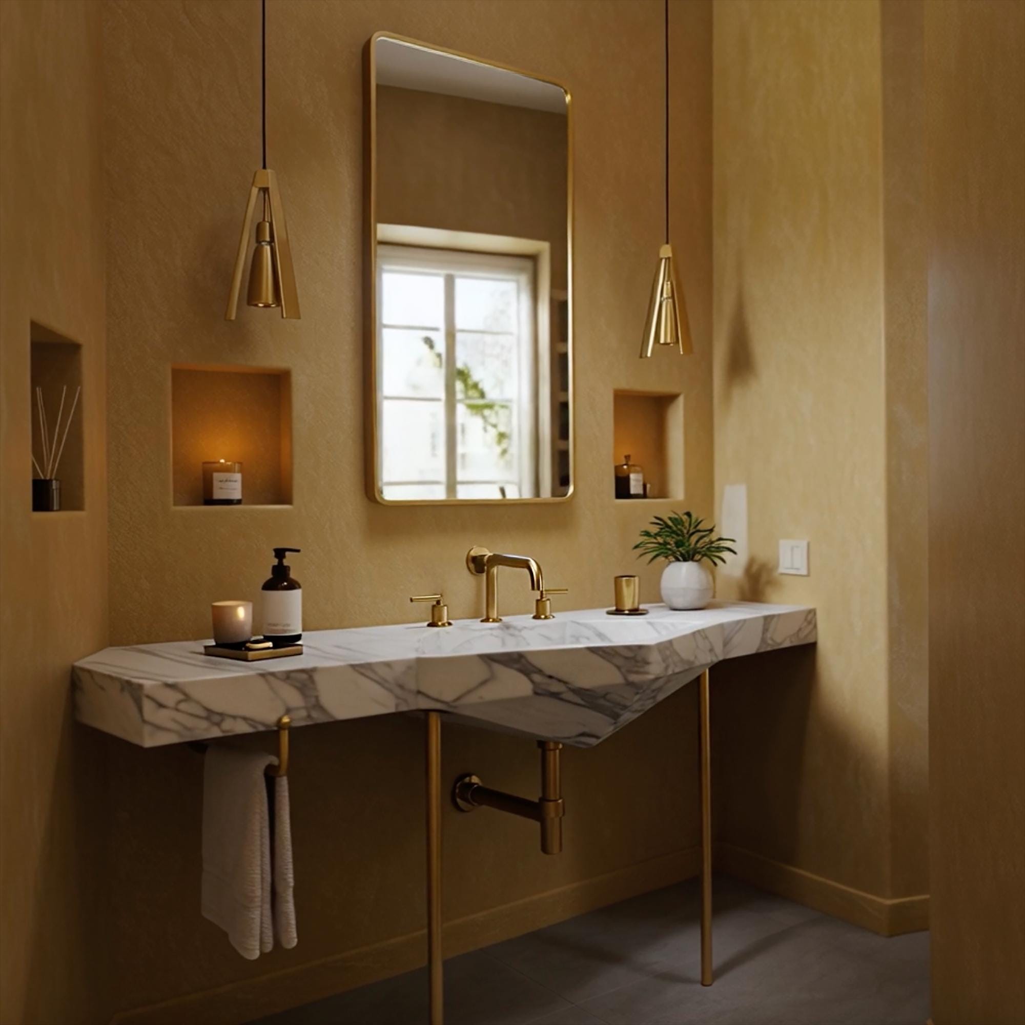 Angular Carrara marble console sink with integrated brass towel holder and vertical brass legs, combining elegance with function.