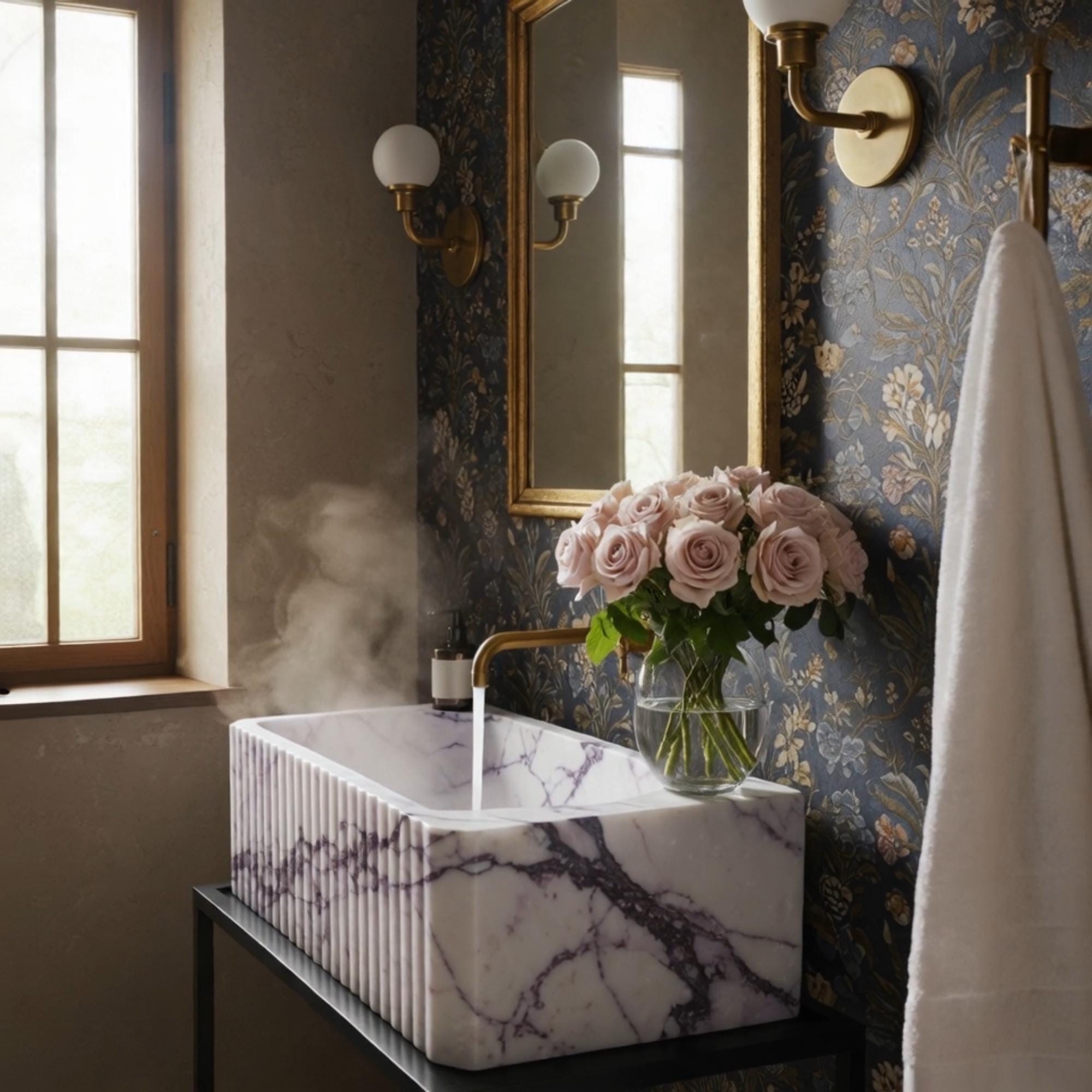 Artisan-made fluted console sink in Calacatta Viola marble with striking veining, set on a sleek black metal stand.
