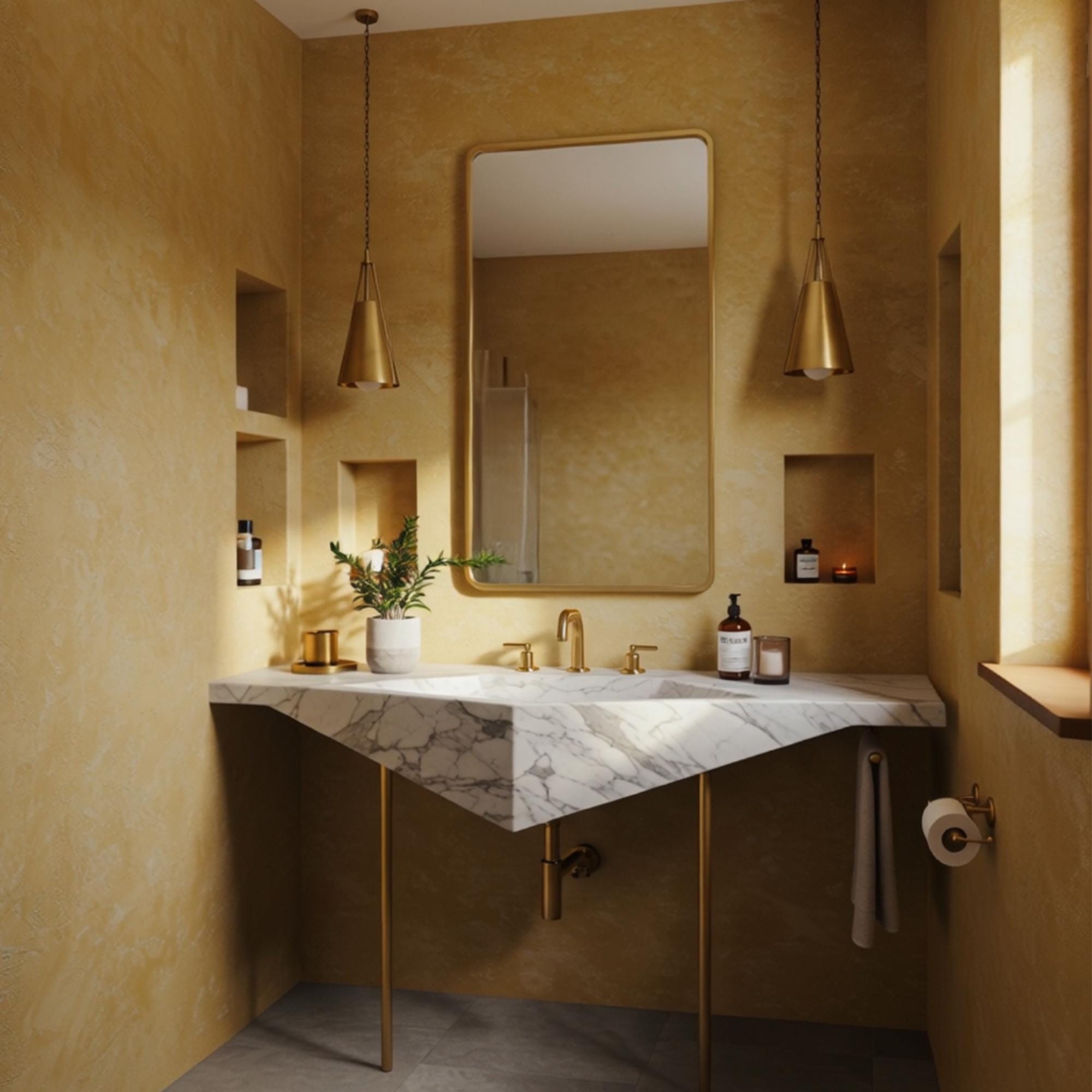 Modern bathroom console sink with asymmetrical carrara marble top and brass stand