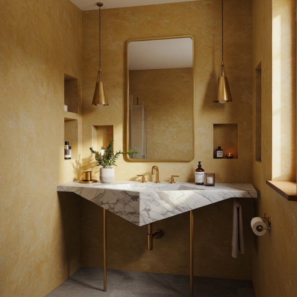 Carrara Marble Geometric Console Vanity (Asymmetrical Stone Top & Brass Stand) hover