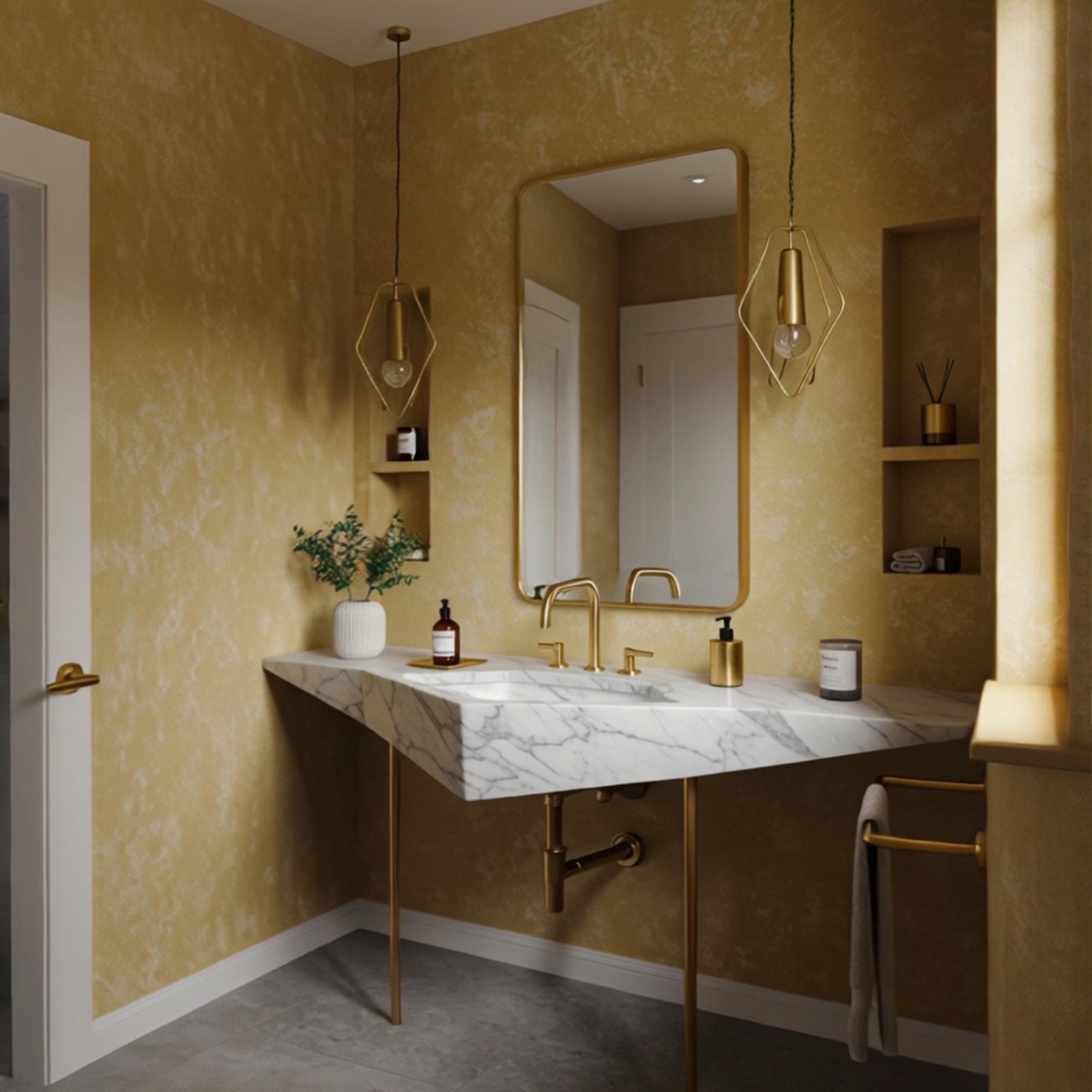Unique corner-mounted Carrara marble vanity featuring bold lines and minimalist brass legs.
