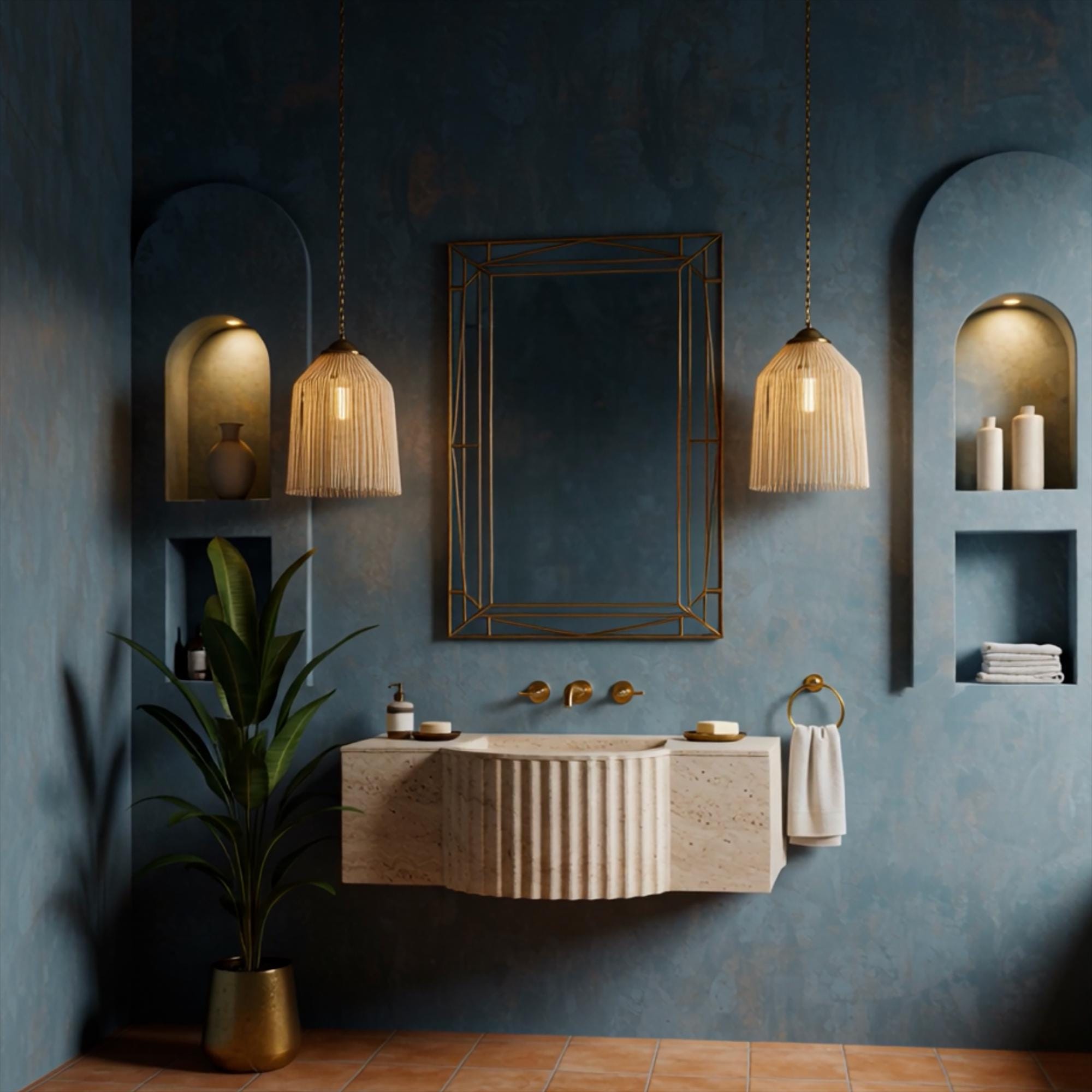 Beige fluted travertine wall-mounted console sink with minimalist semicircular design.