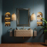 Beige travertine double sink with fluted detailing, wall-mounted for a sculptural floating console effect.