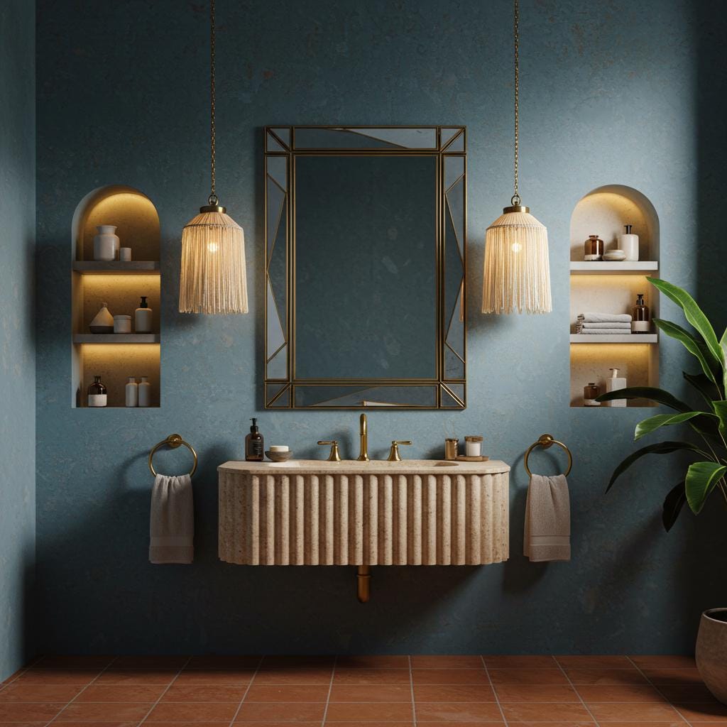 Beige travertine double sink with fluted detailing, wall-mounted for a sculptural floating console effect.