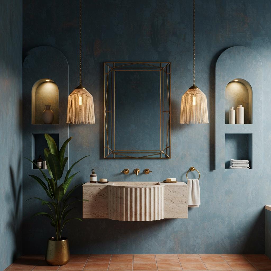 Beige travertine fluted floating sink with a semicircular front, wall-mounted for a refined modern look.