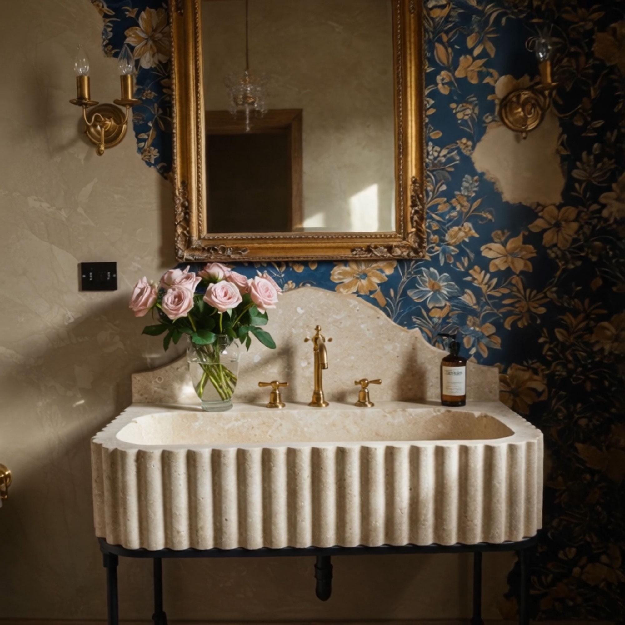 Elegant beige travertine fluted sink with handcrafted detailing, mounted on a black metal console, classic design with brass faucet.