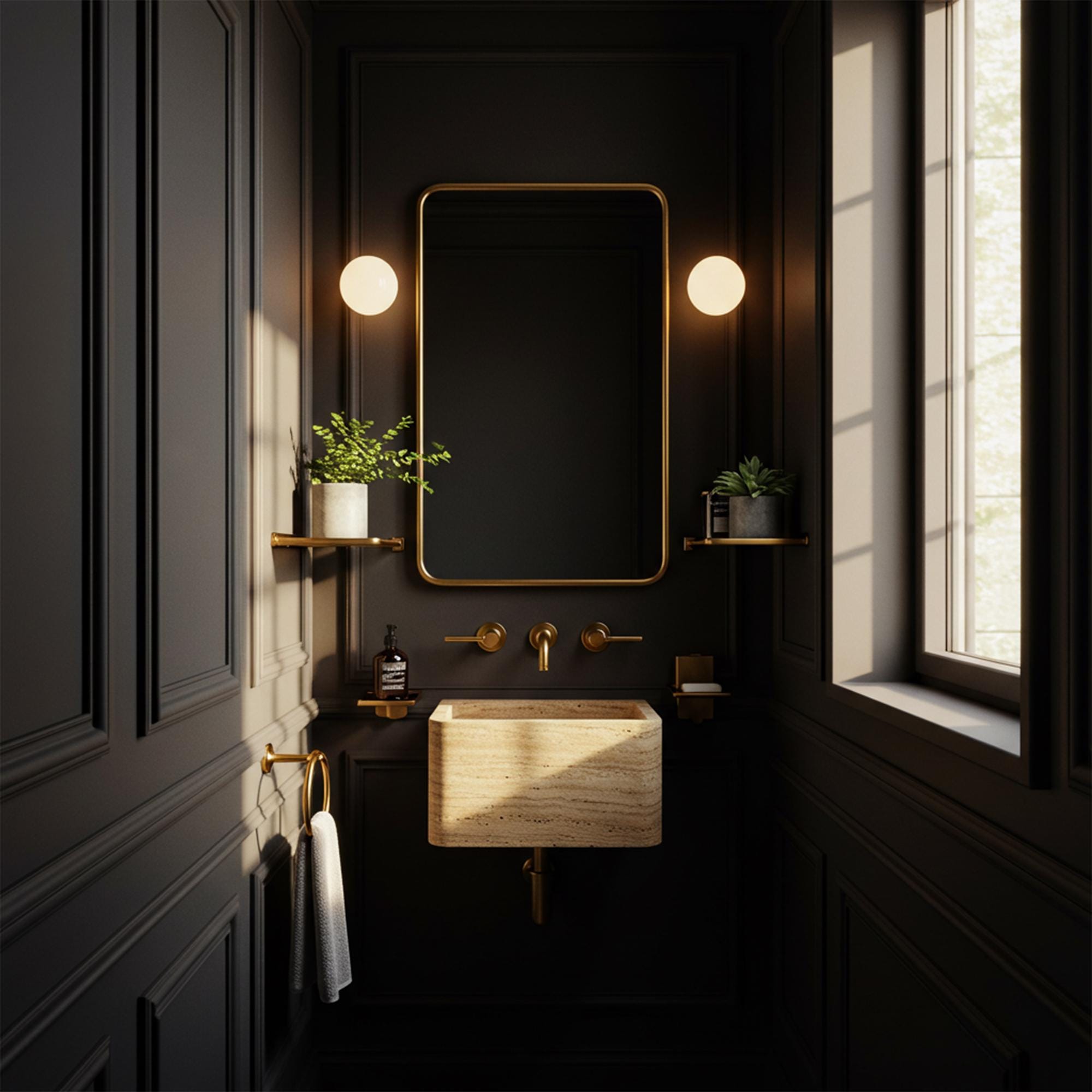 Beige travertine small floating sink with a minimalist wall-mounted design for compact powder rooms.