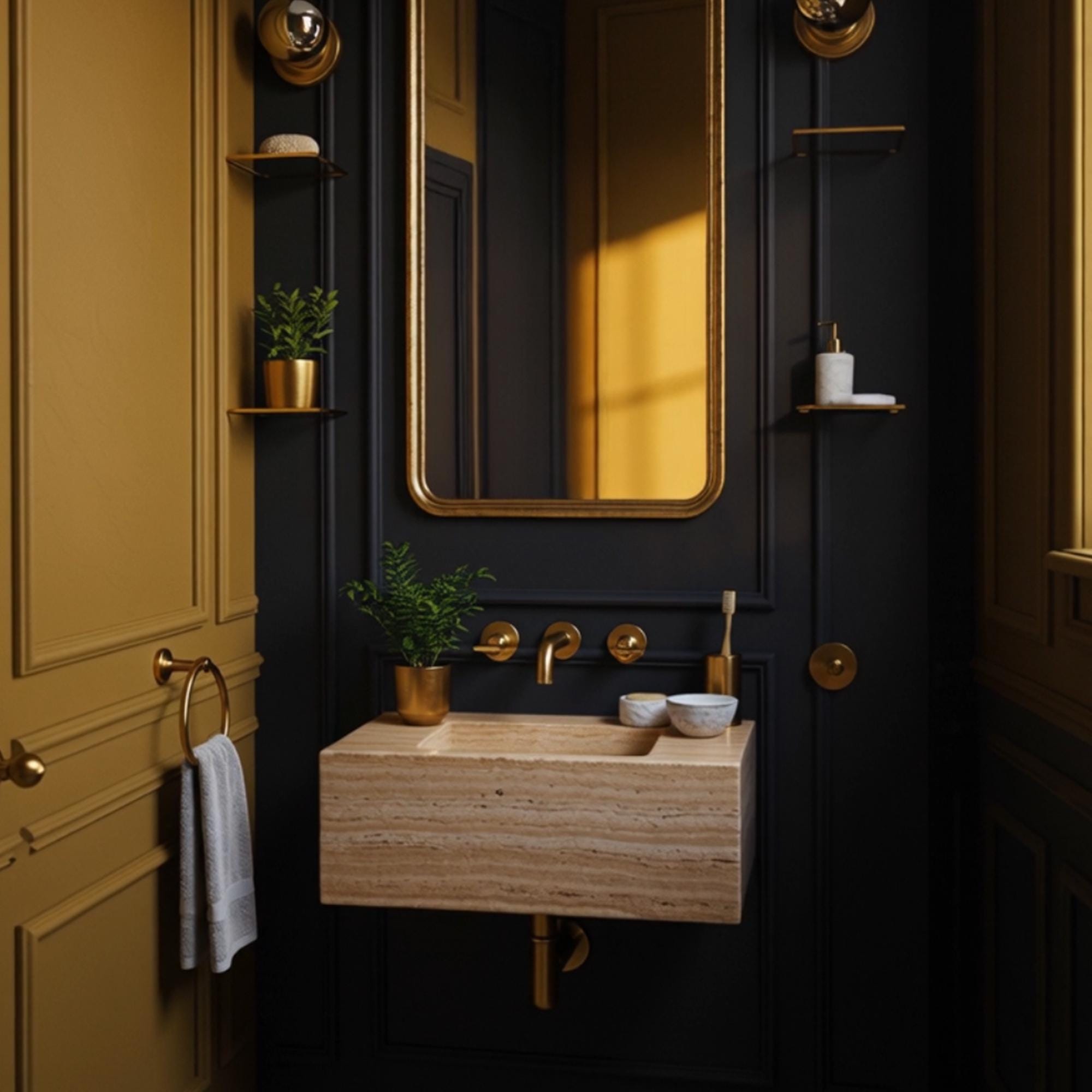 Modern bathroom setup with beige travertine wall mounted sink and golden accents