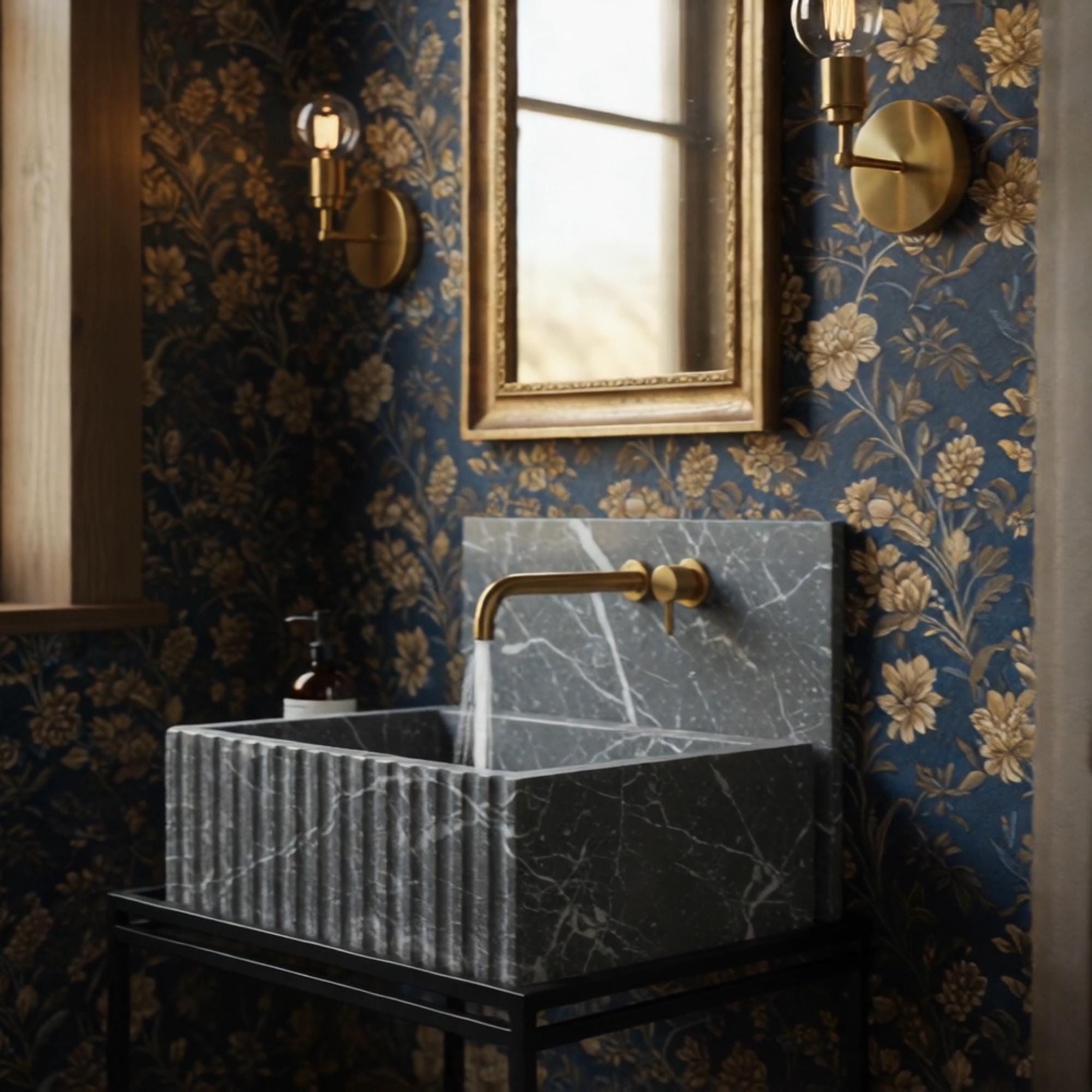 This black marble console sink features a fluted face and seamless backsplash, crafted for modern luxury bathrooms.