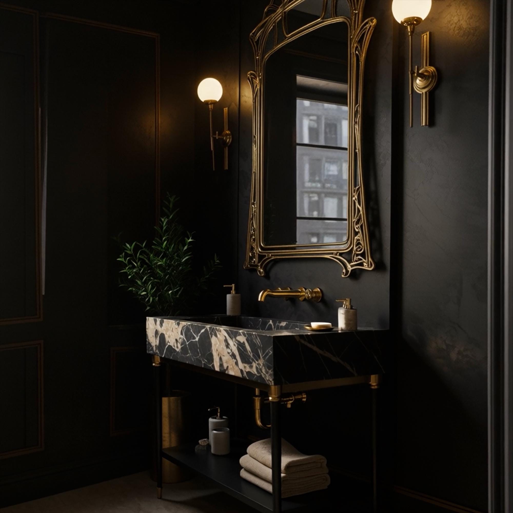 Striking black marble console vanity with thick stone top, gold-accented legs, and open storage shelf in modern luxury style.