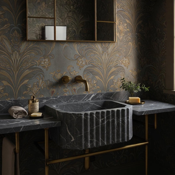Pietre Notte Black Marble Fluted Console Sink (Integrated Countertop & Brass Stand) M8M41 hover