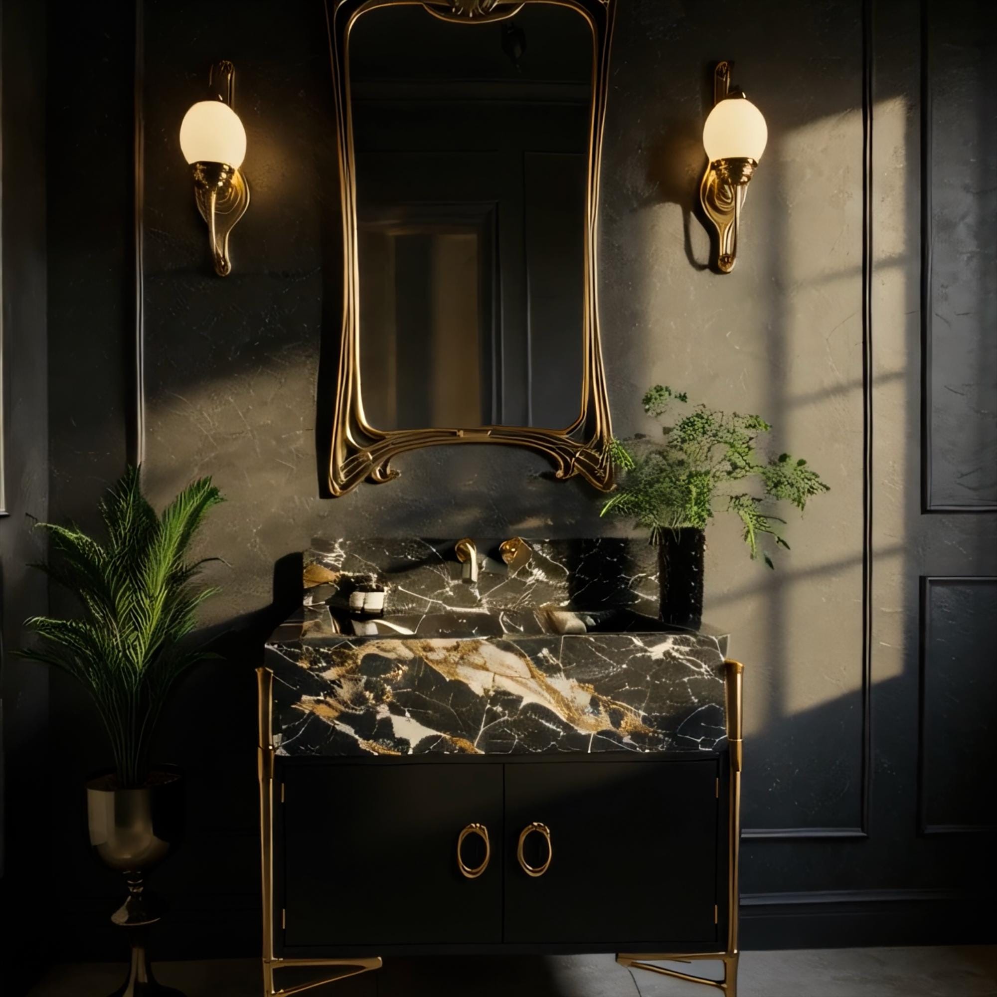 Bold Pietre Notte marble sink paired with an elegant black cabinet and gold art deco frame.