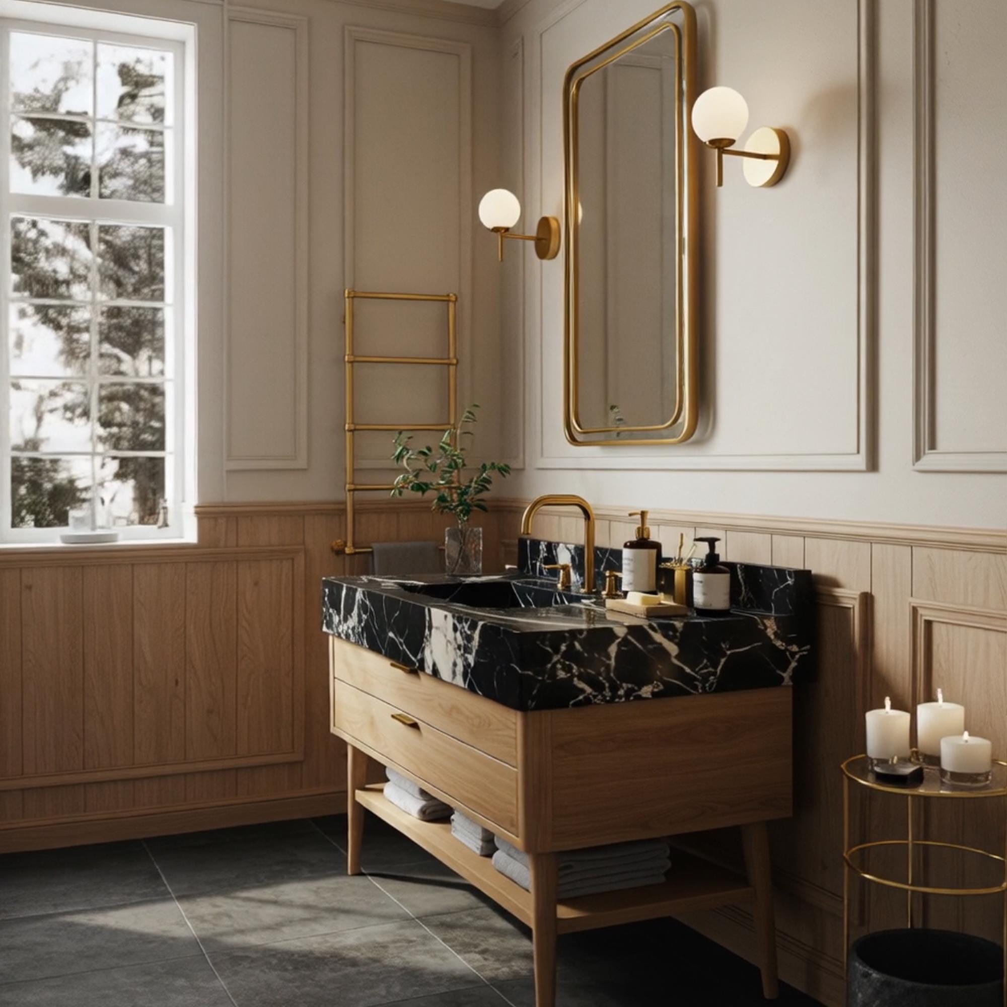 Black marble integrated basin atop mid-century modern wood console with open storage shelf.