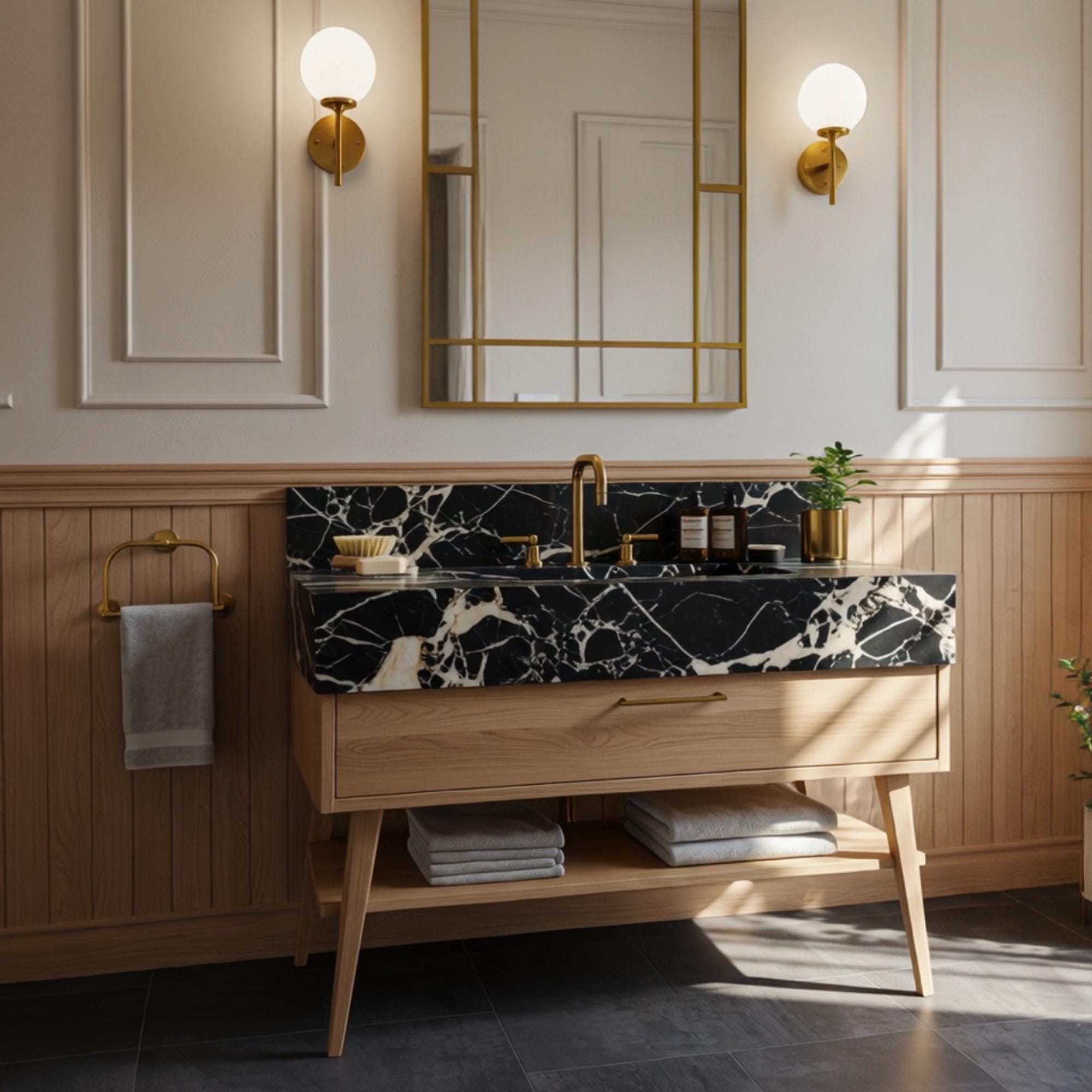 Elegant black marble sink with integrated basin, set on a light wood vanity with open shelf.