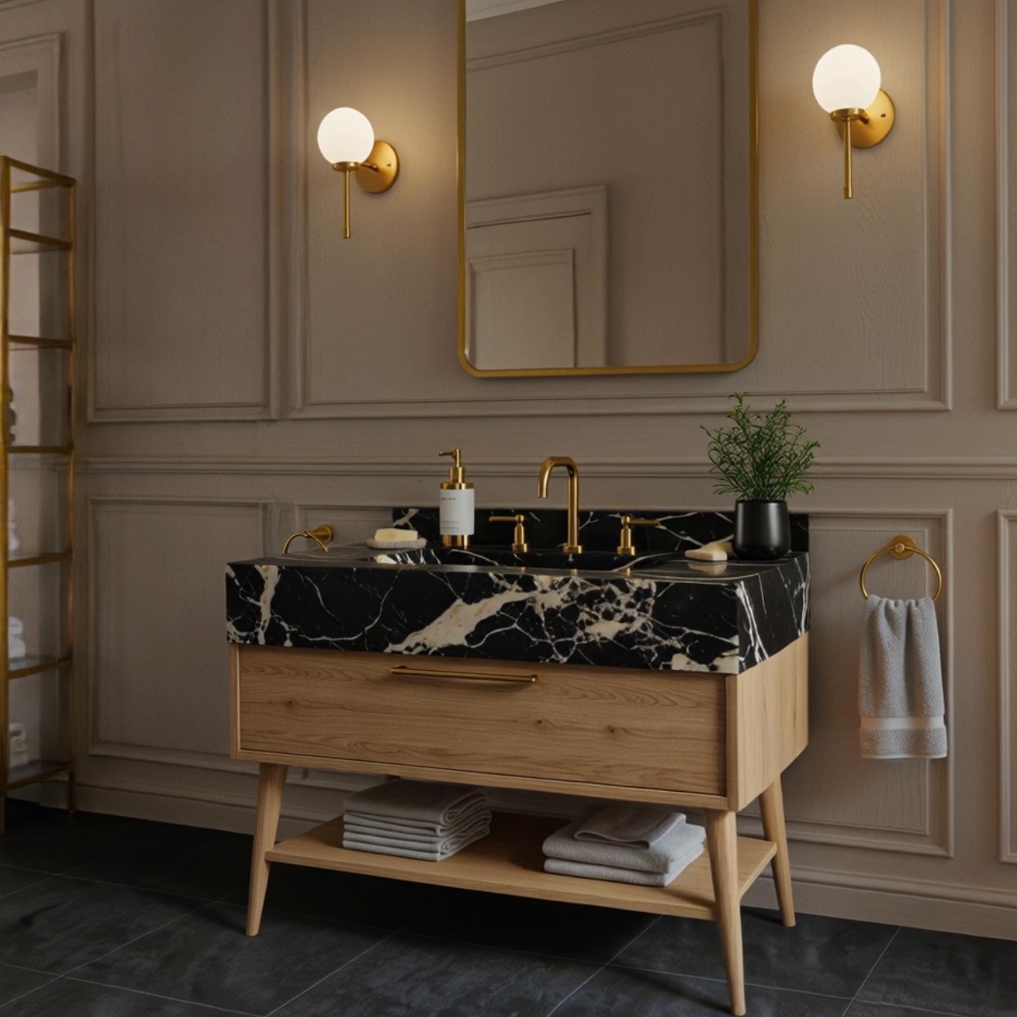 Elegant black marble vanity featuring an integrated sink and retro-inspired wooden cabinet.