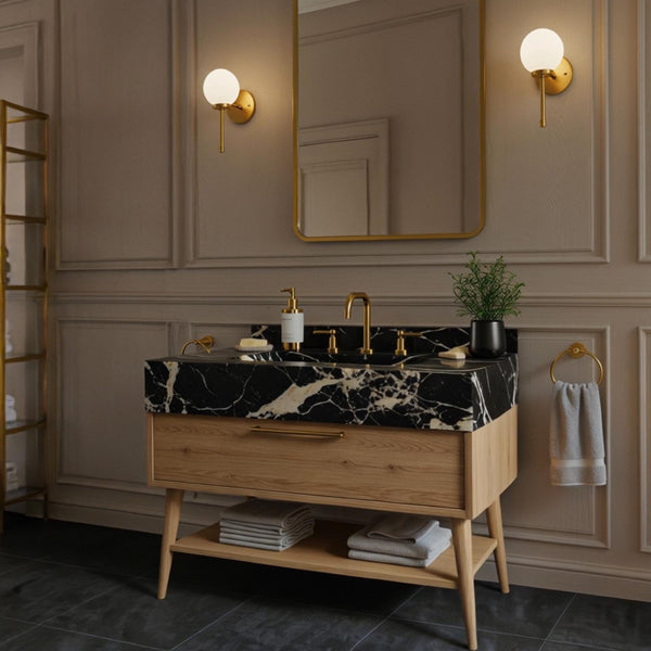 Pietre Notte Black Marble Vanity (Integrated Basin & Mid-Century Wood Cabinet) M8F37 hover