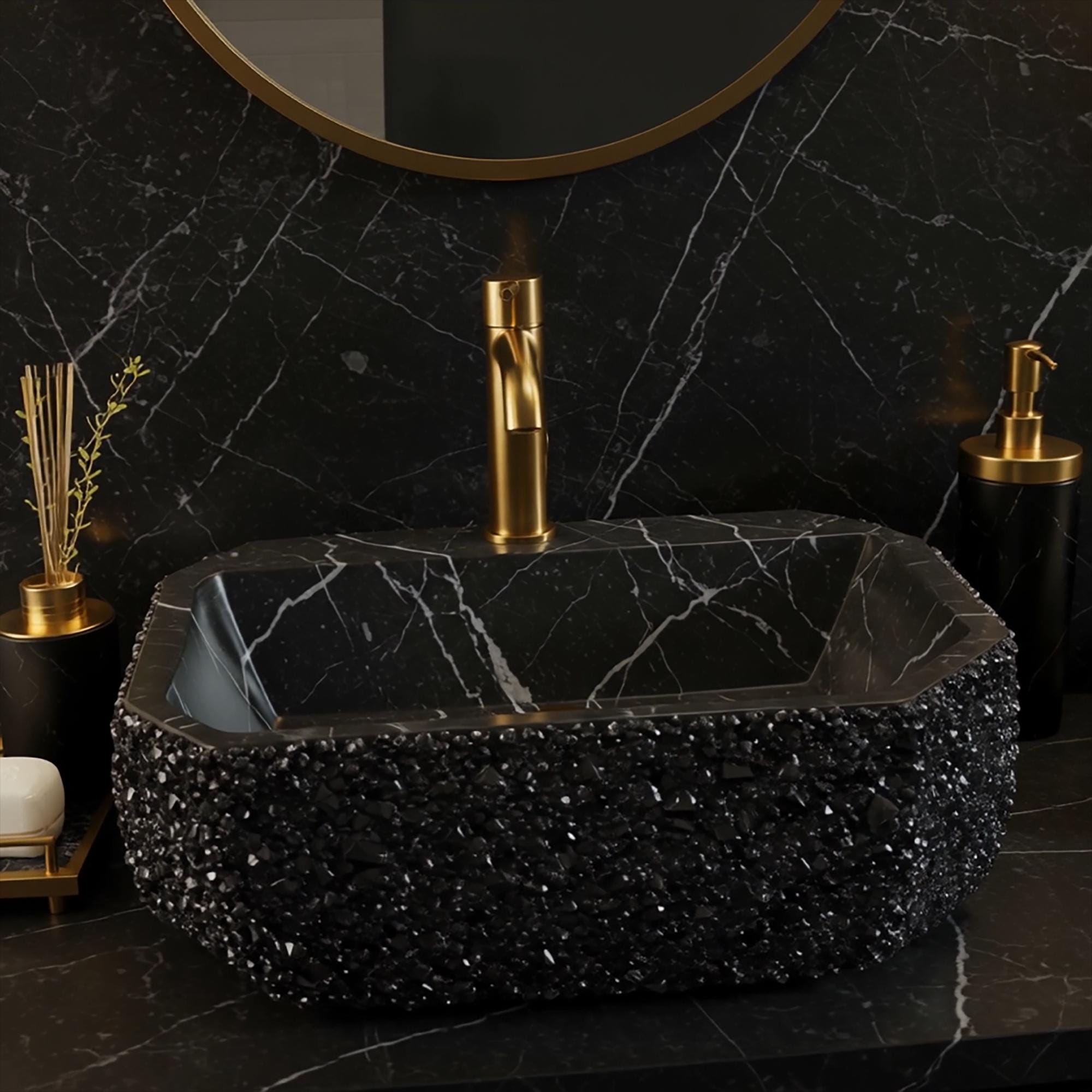 Black marble vessel sink in an octagonal shape featuring delicate crystal embellishments.