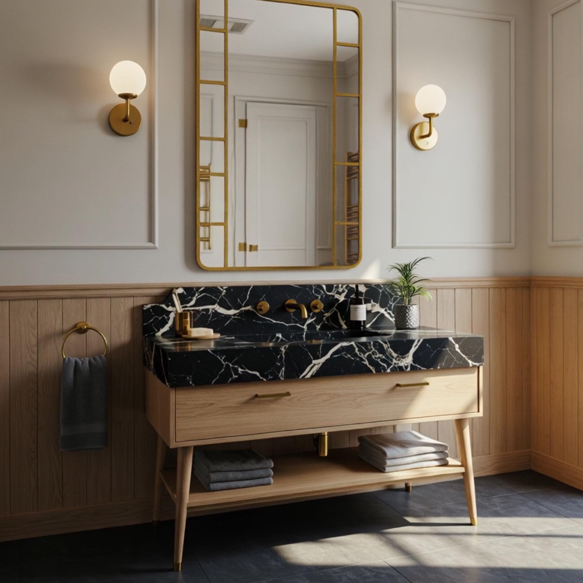 Black marble sink with integrated backsplash and warm natural wood vanity for a contemporary look.