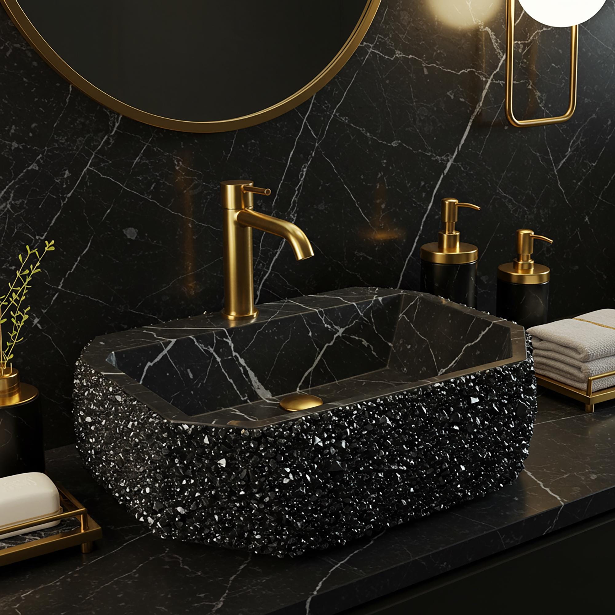 Octagonal vessel sink in polished black marble, detailed with sparkling crystal inlays.
