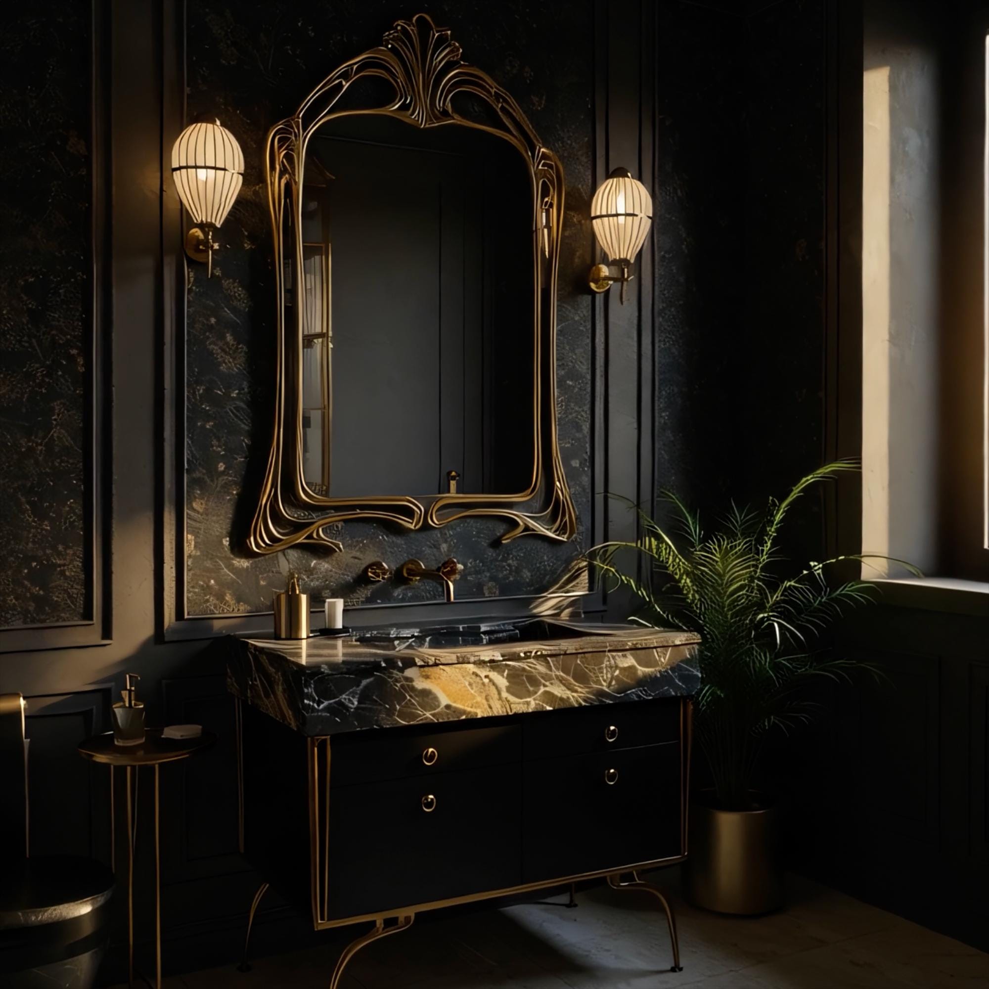 Bold elegance defined: Black marble vanity with gold-framed cabinet and decorative legs.