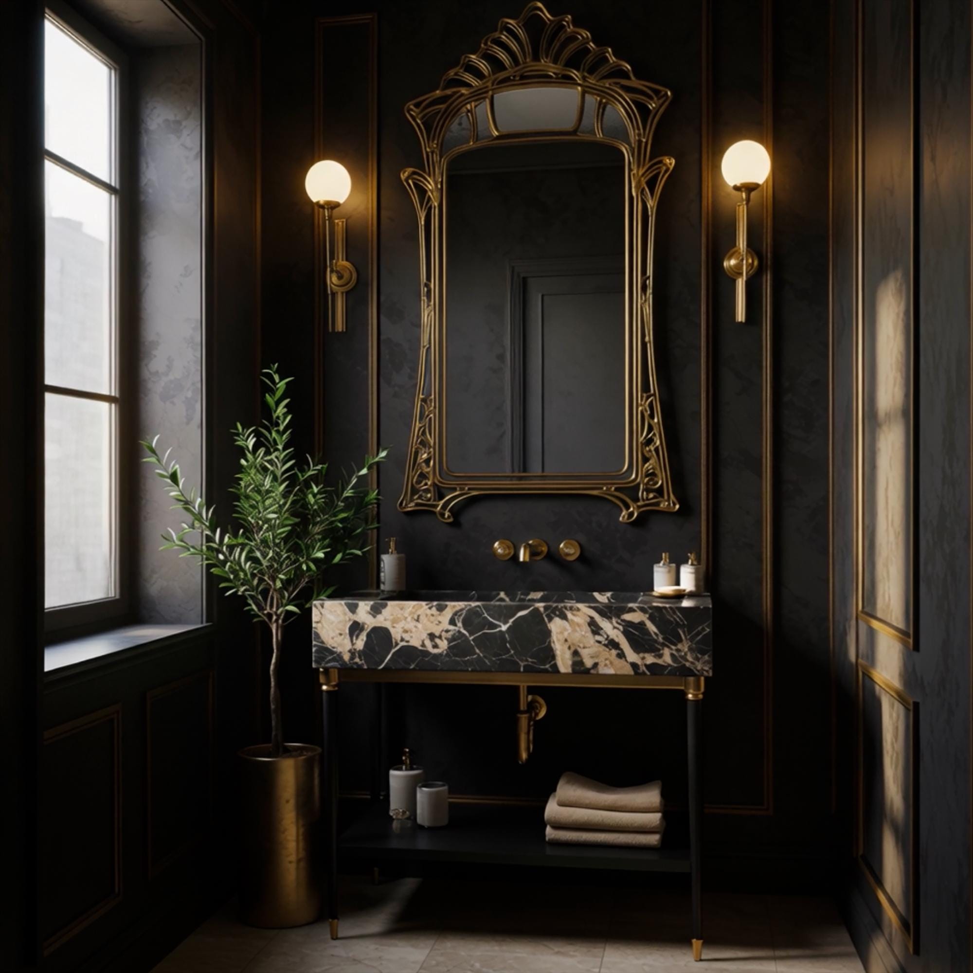 Contemporary black marble vanity with natural gold veining, open bottom shelf for towels, and gold-tipped black legs.