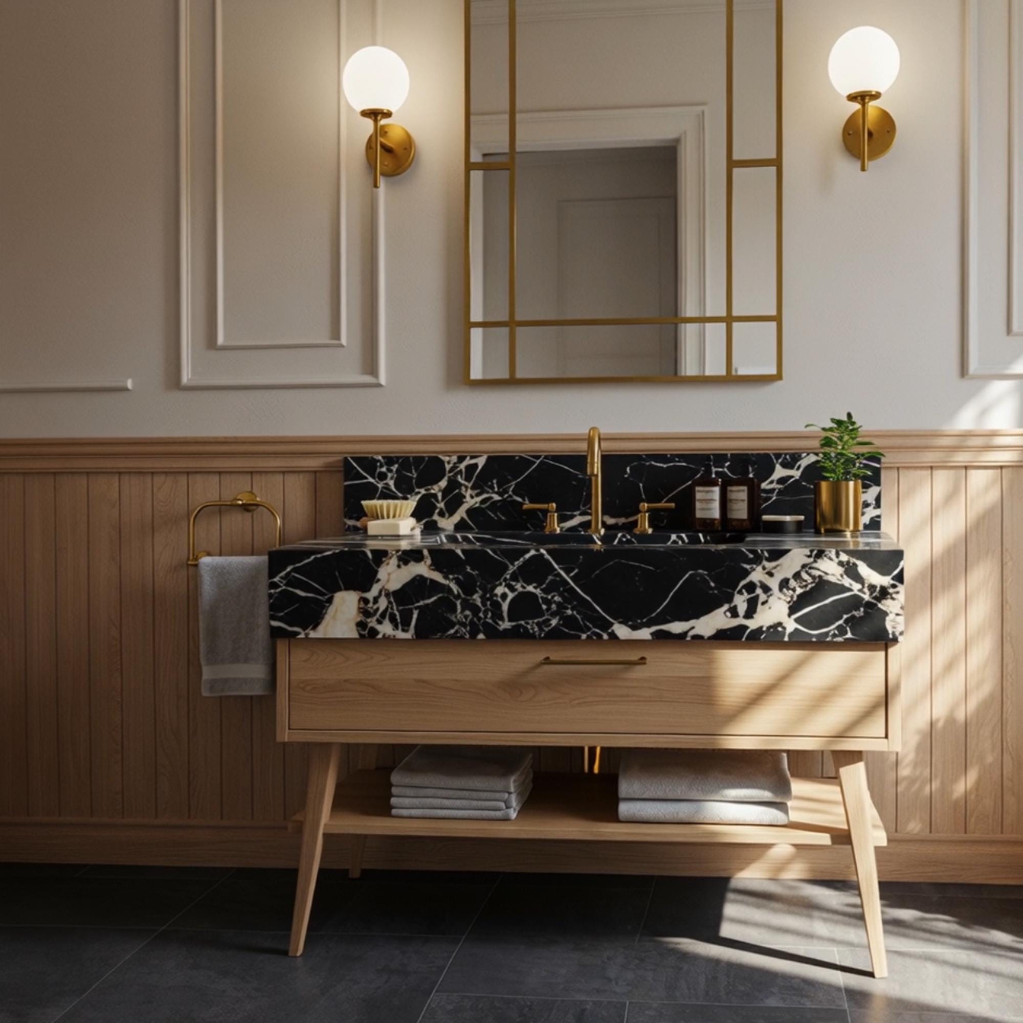 Sleek Nero Marquina marble integrated sink paired with natural wood cabinet and gold hardware.