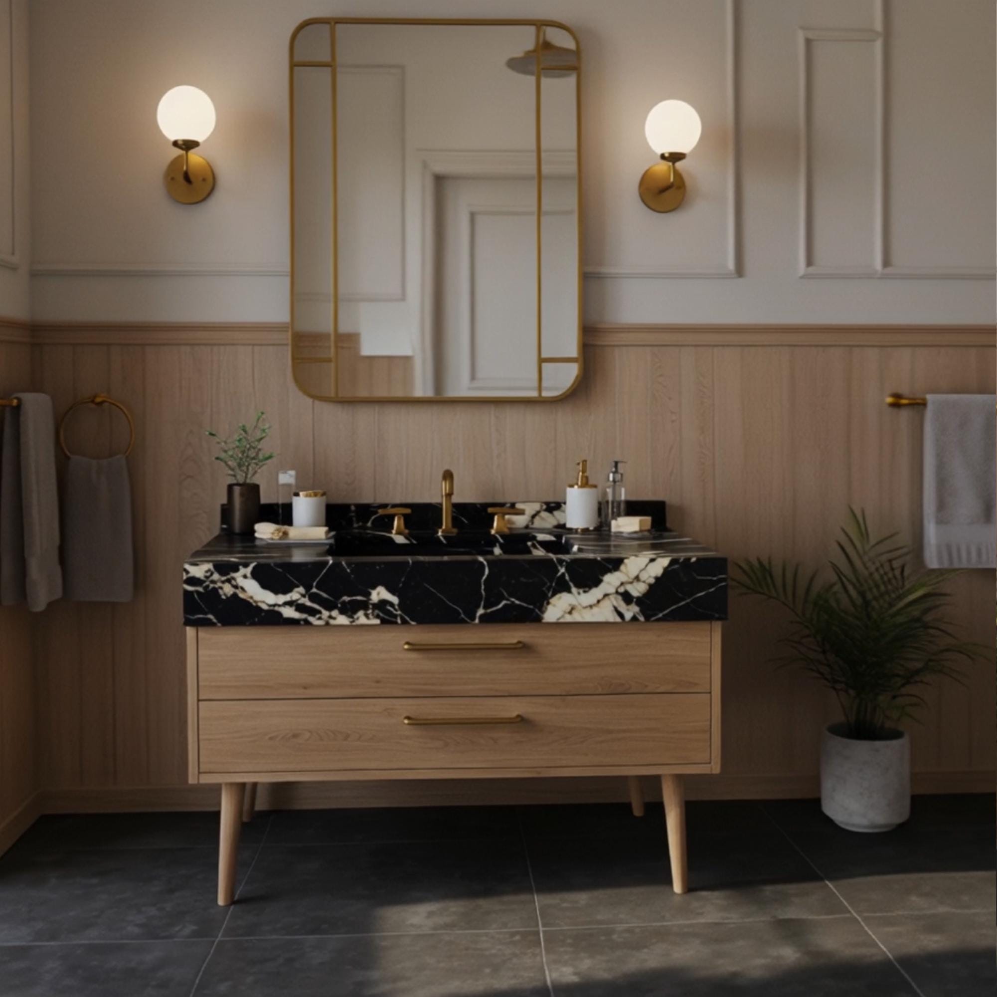 Sleek black marble vanity featuring integrated sink and mid-century oak wood base with drawers.
