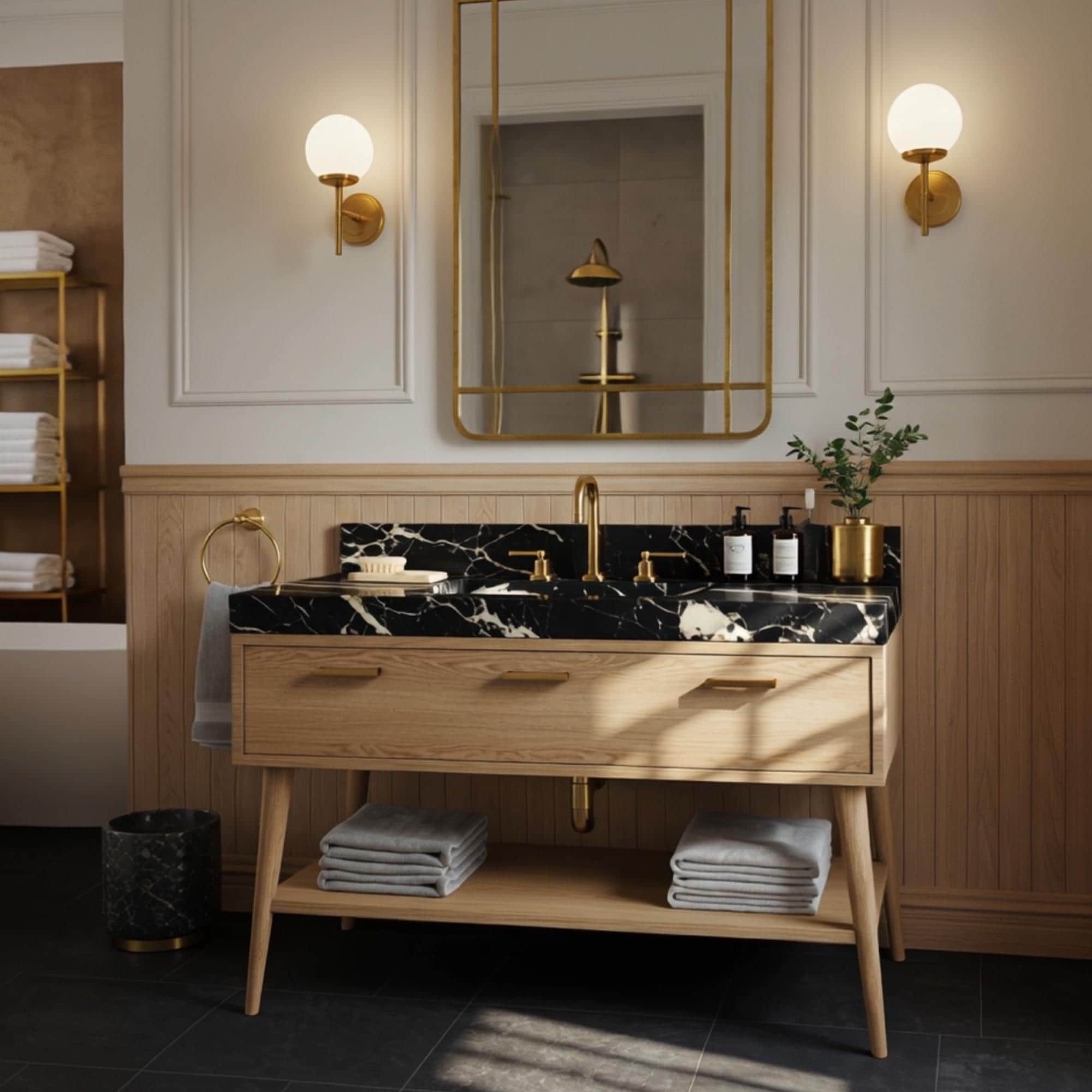 Black marble bathroom vanity featuring a sleek integrated sink and wood cabinet with open shelf.