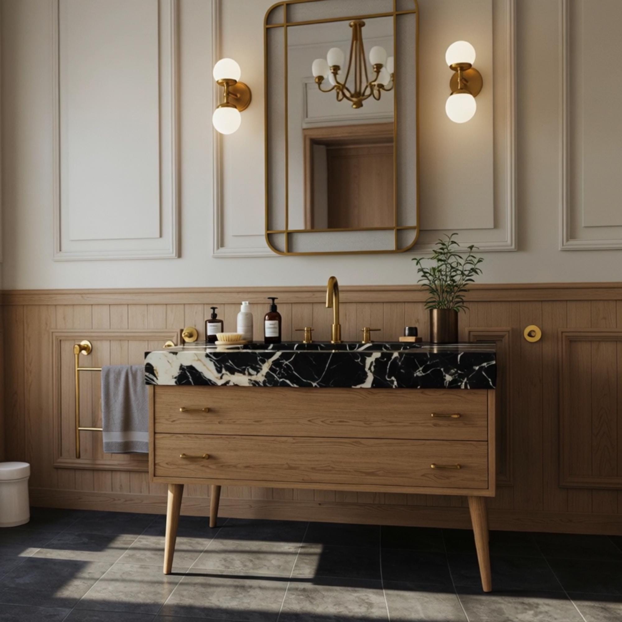 Black marble integrated sink with bold veining, mounted on mid-century modern wood cabinet with brass fixtures.