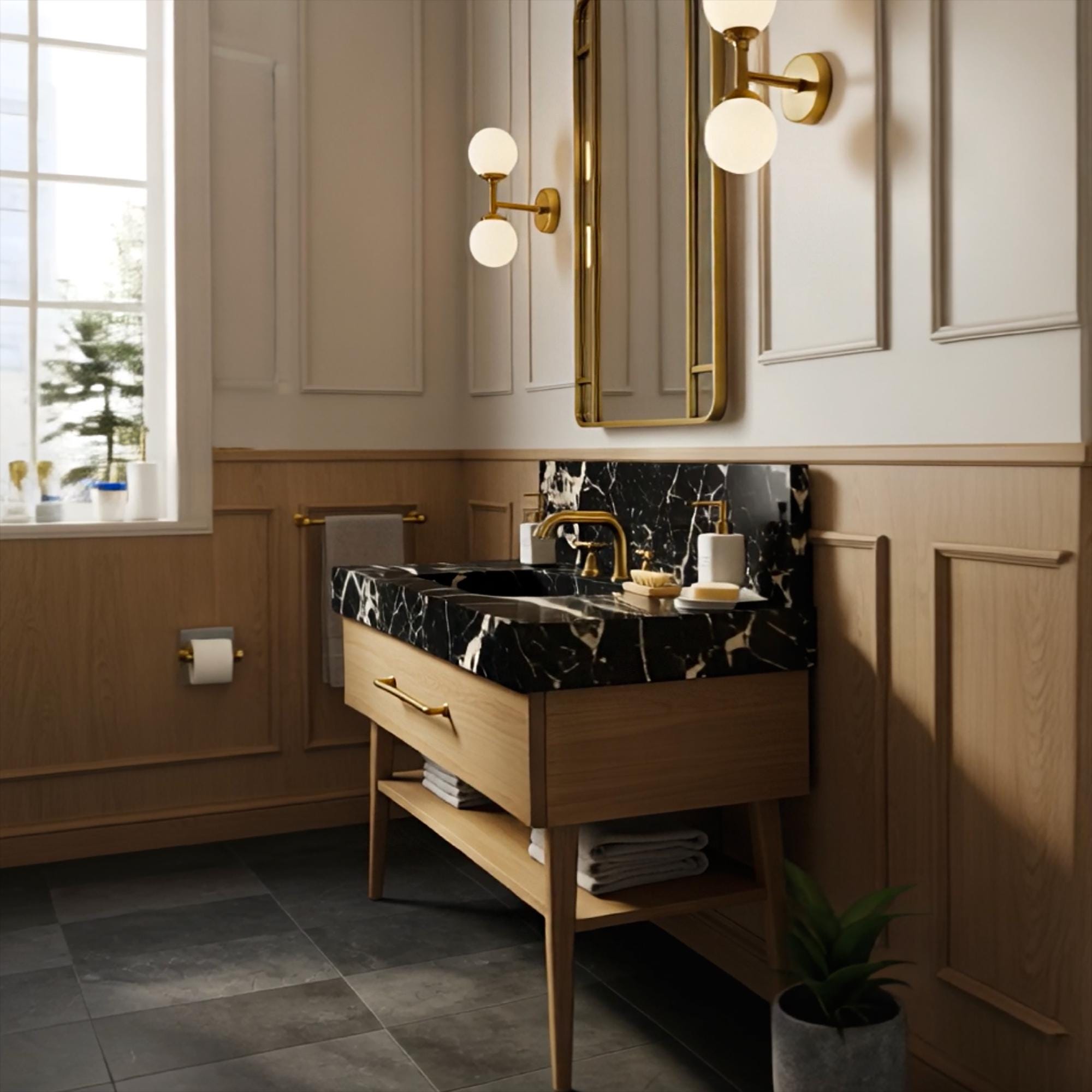 Luxury black marble bathroom vanity with gold fixtures, wood cabinet, and towel shelf beneath.