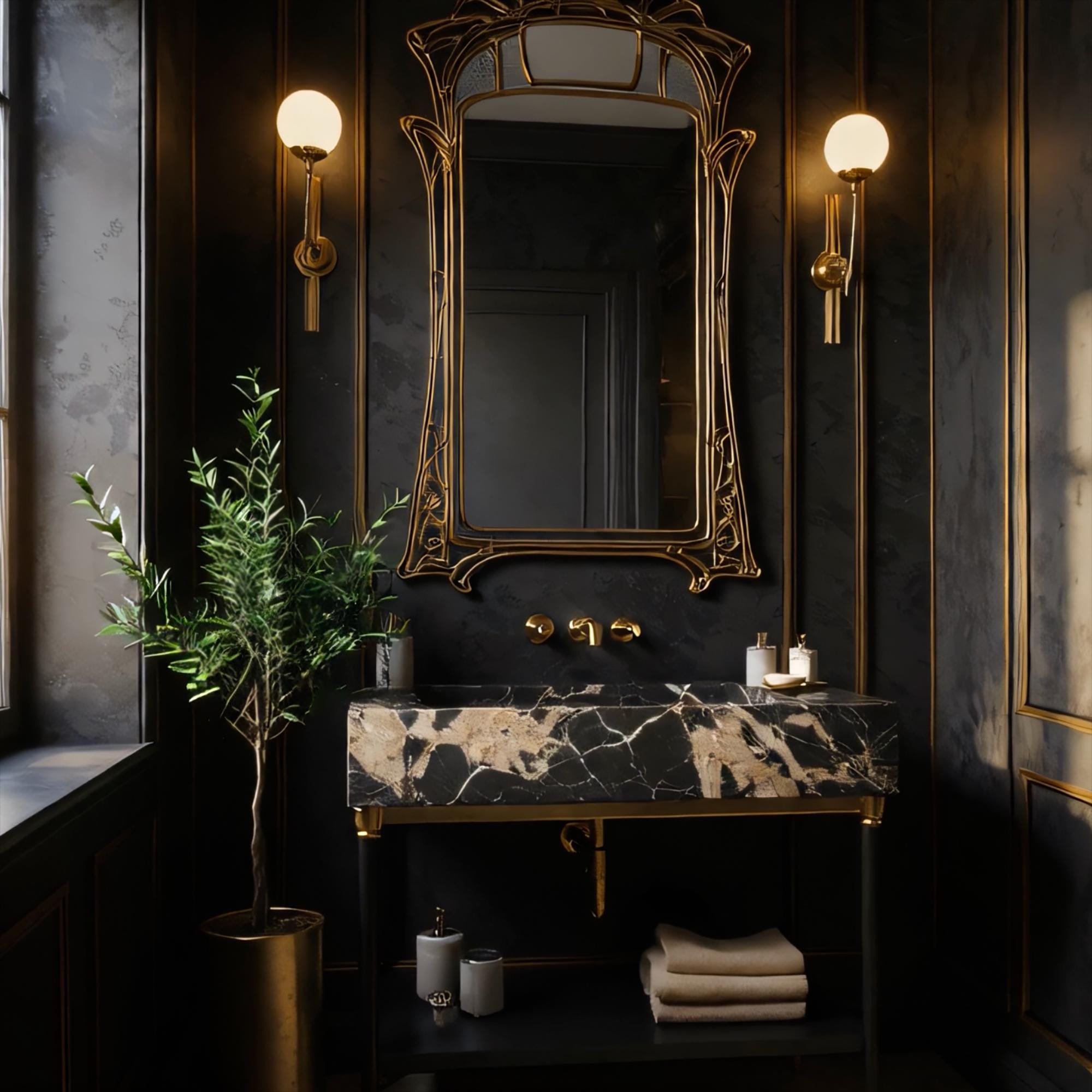 Elegant black marble vanity with open shelf and gold-tipped legs for a refined bathroom design.