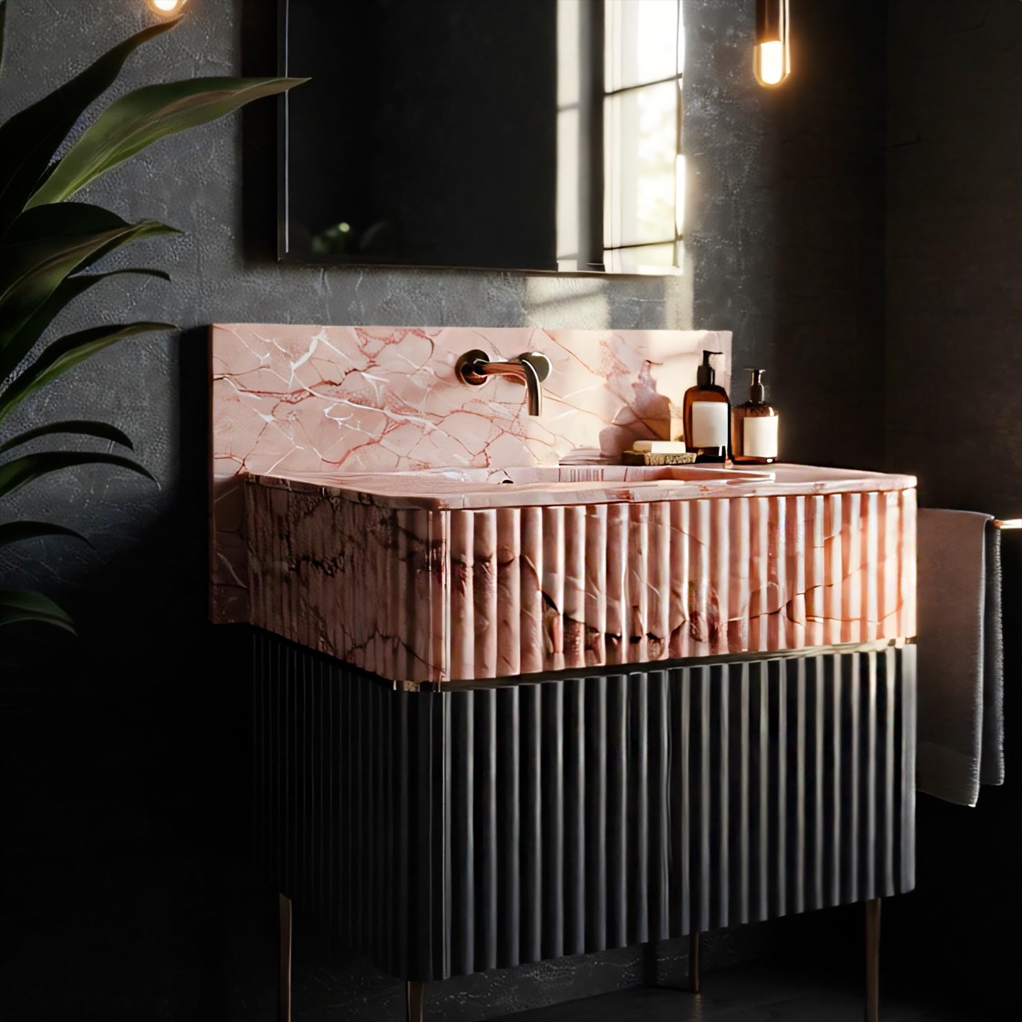 This blush marble sink features elegant fluting and rests on a black textured storage cabinet with slim brass legs.