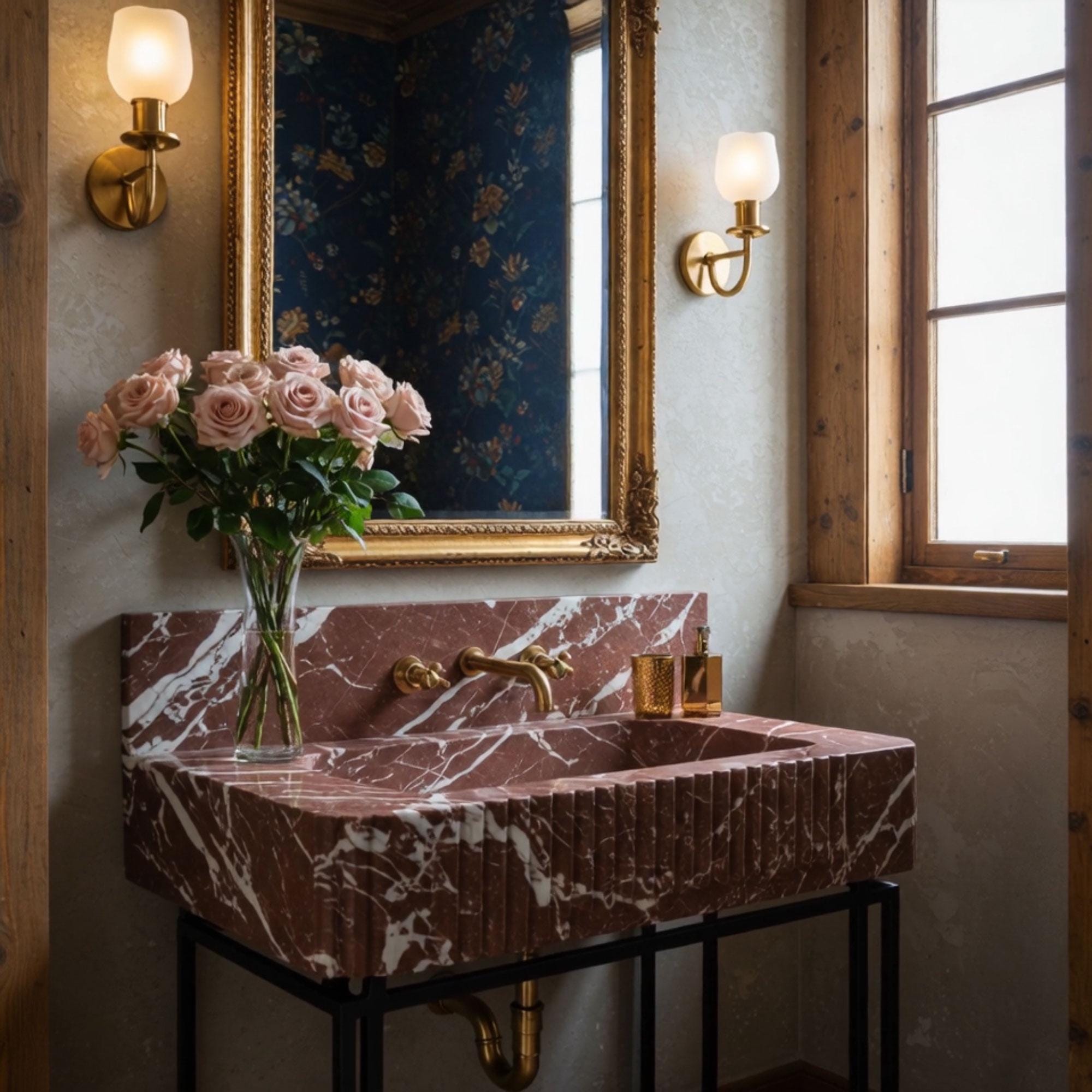 This console sink features dramatic Imperial Bordeaux marble with fluted detailing and an integrated backsplash for luxurious depth.