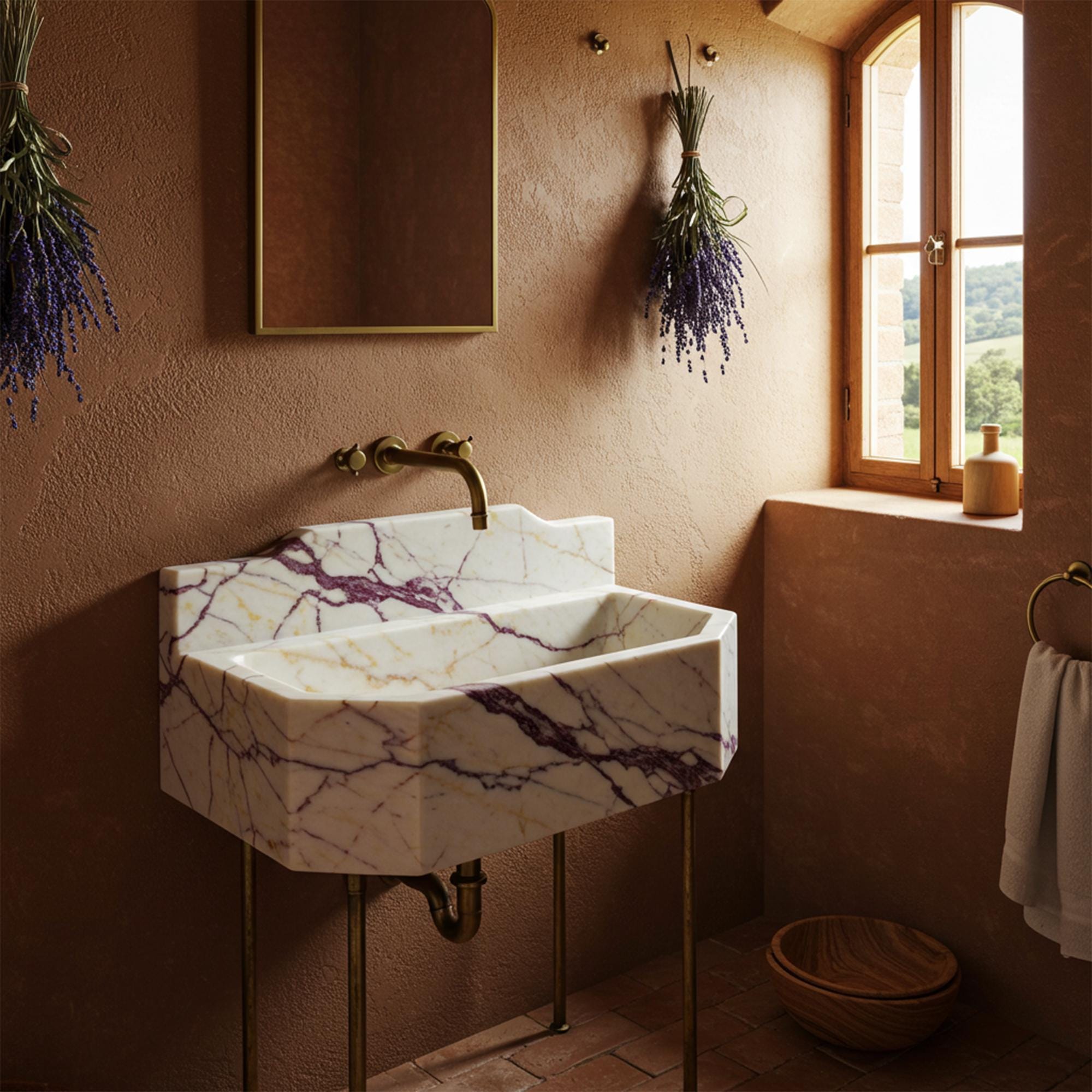 Calacatta Amber Viola marble octagonal sink with integrated backsplash and elegant brass console.