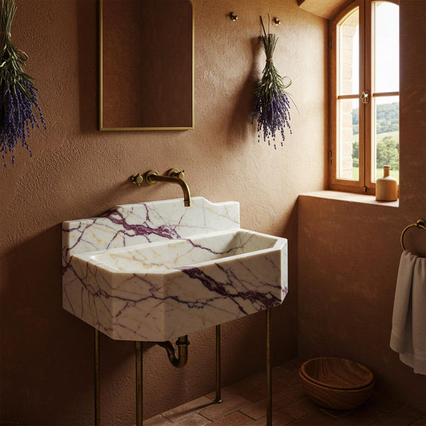 Calacatta Amber Viola Marble Octagonal Sink (Integrated Backsplash & Brass Console) M8M71