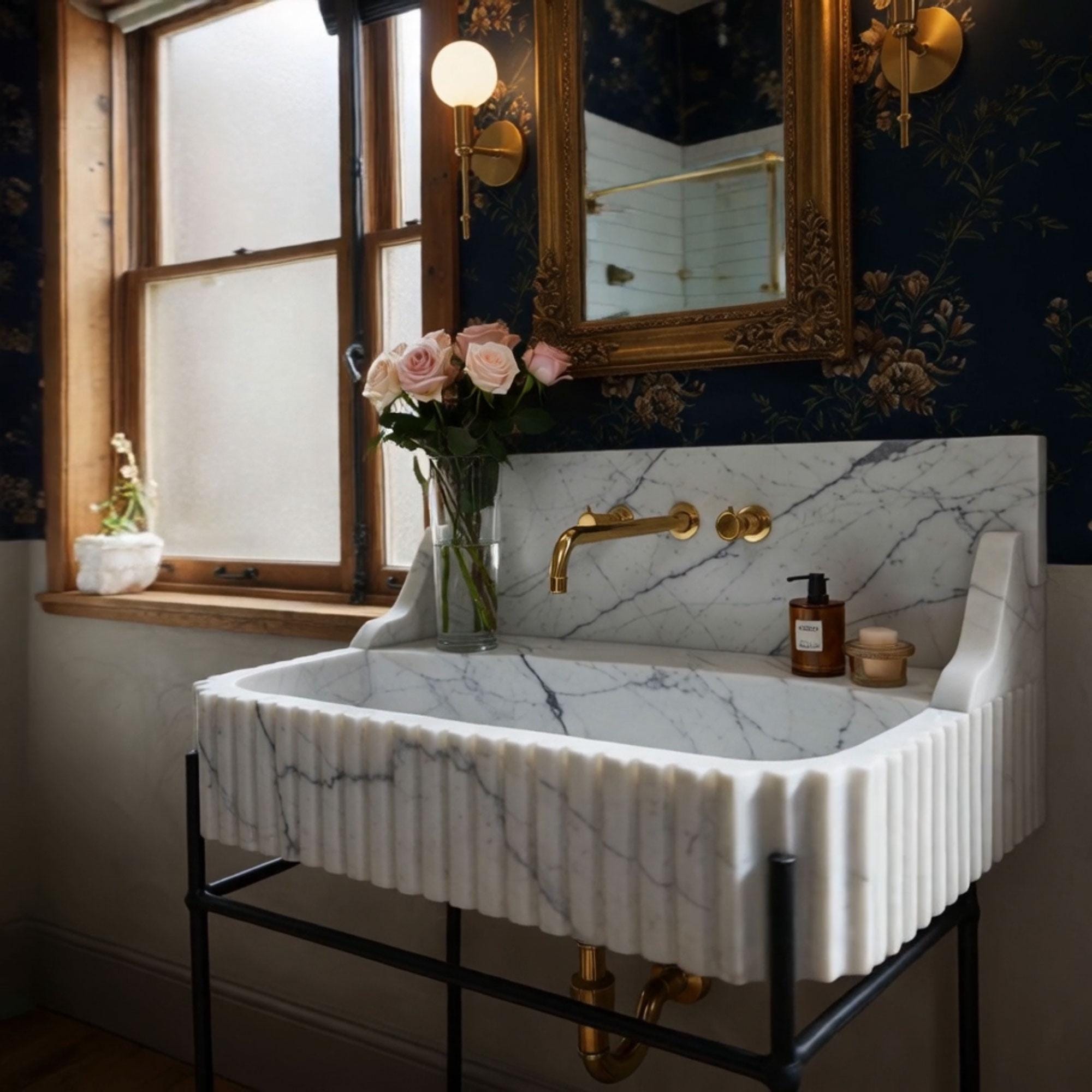 Elegant Calacatta marble console sink featuring fluted design, integrated backsplash, and sturdy metal frame.