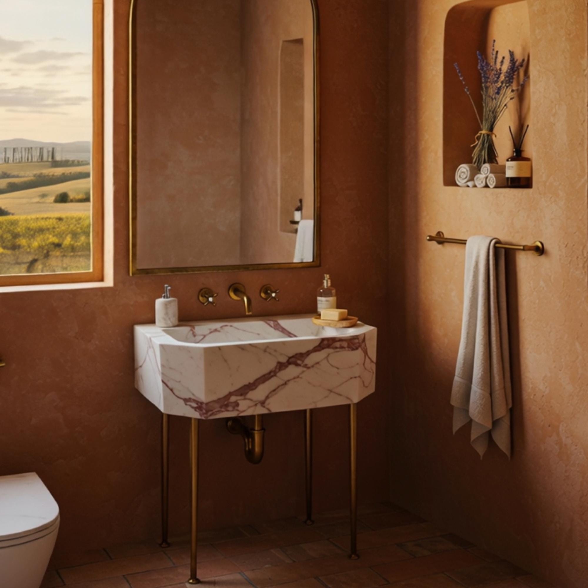 Octagonal calacatta marble bathroom sink featuring brass legs and wall-mounted fixtures