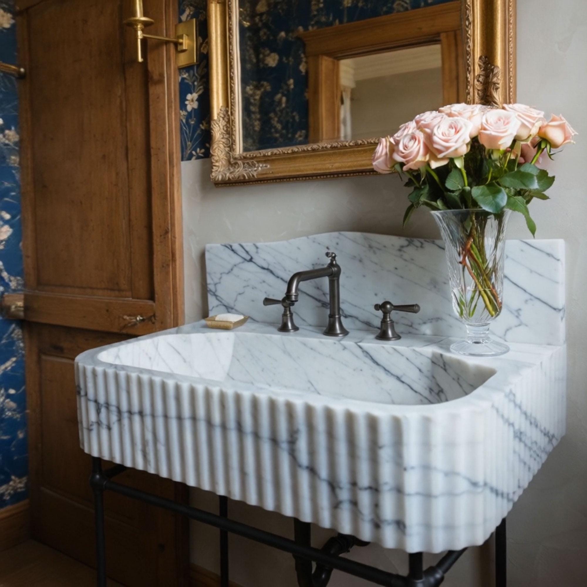 Luxurious Calacatta marble sink with sculpted wavy backsplash, fluted sides, and sturdy black console stand.