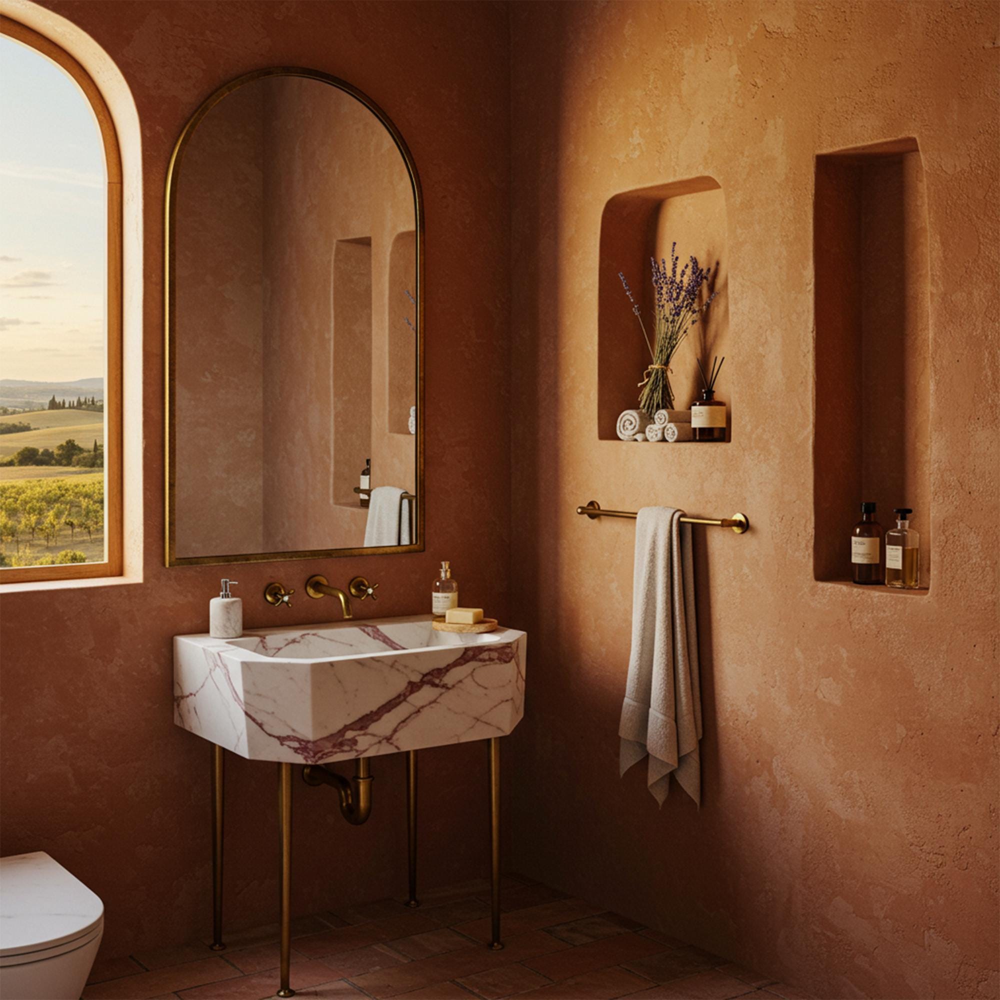 Calacatta red viola marble octagonal sink with brass console and integrated backsplash