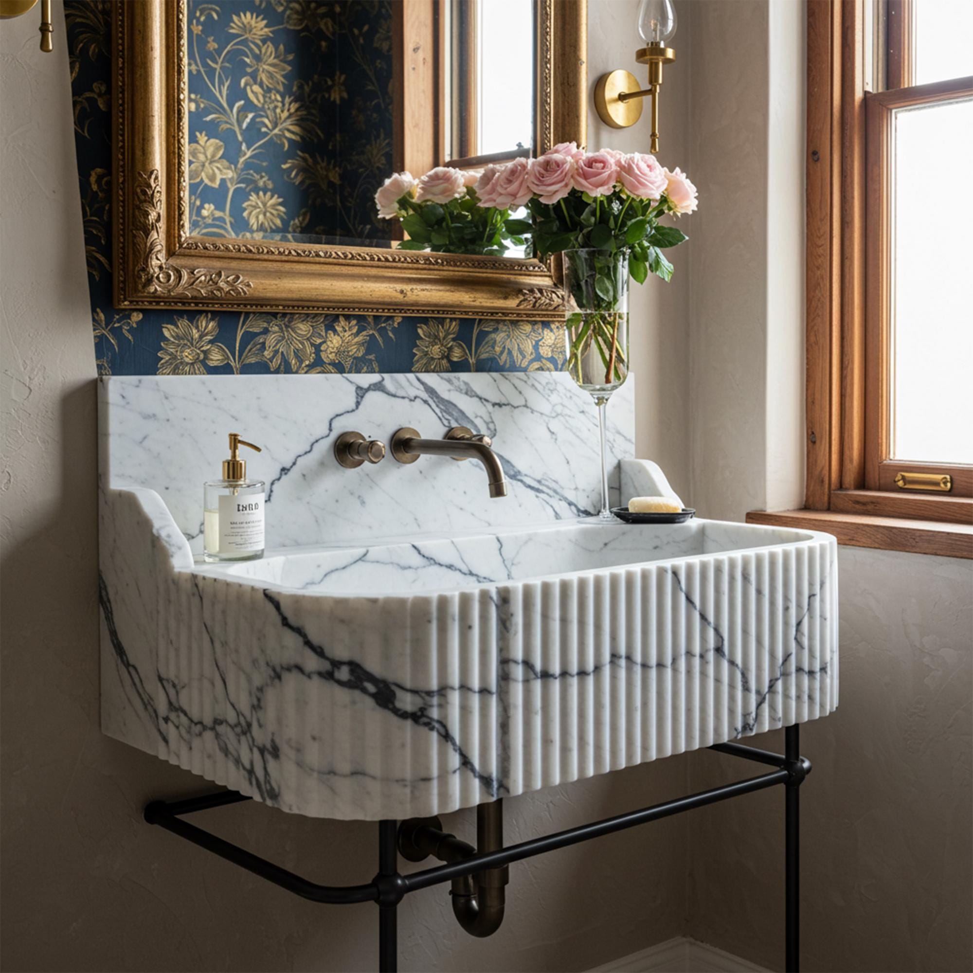 A fluted console sink in Calacatta Reverie marble featuring an integrated rail and side splashes for refined functionality.