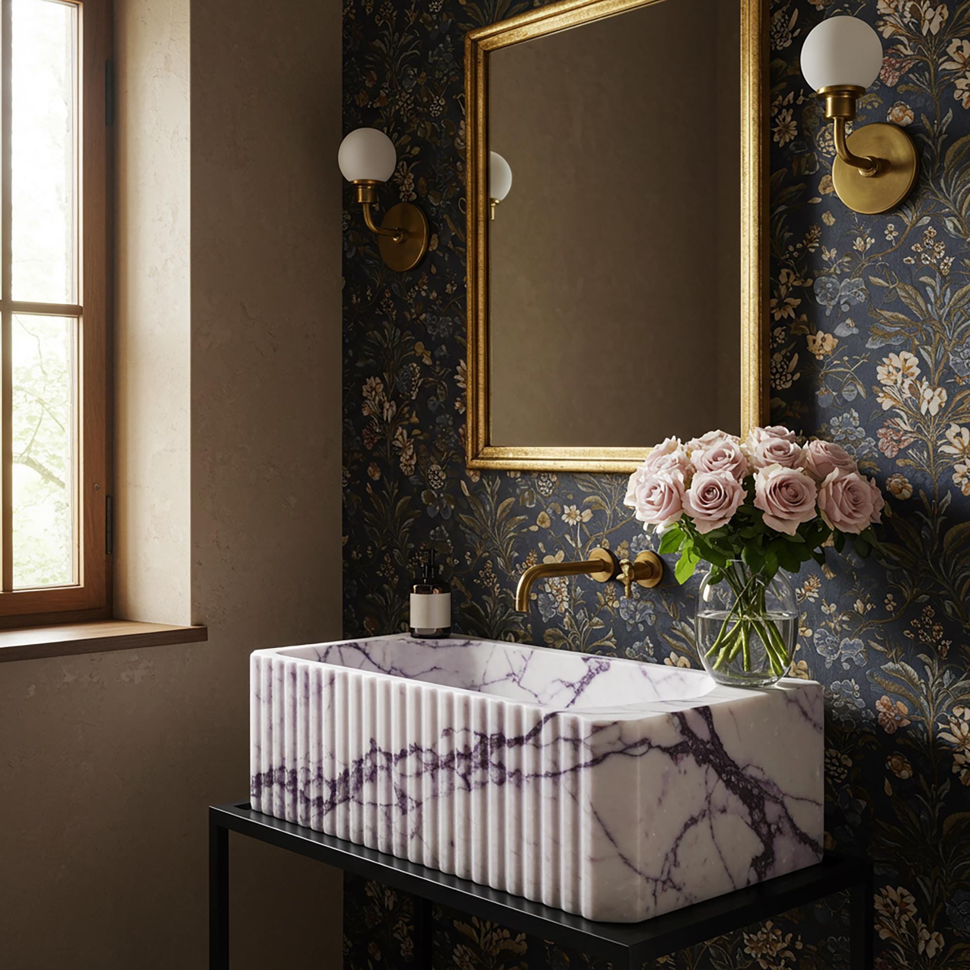 Handcrafted Calacatta Viola marble sink with vertical fluting and bold violet veining, mounted on minimalist black console.