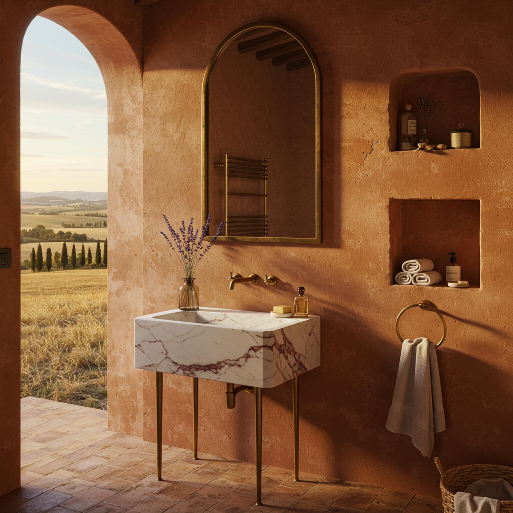 Calacatta Viola red marble console sink with minimalist brass stand and geometric basin design.