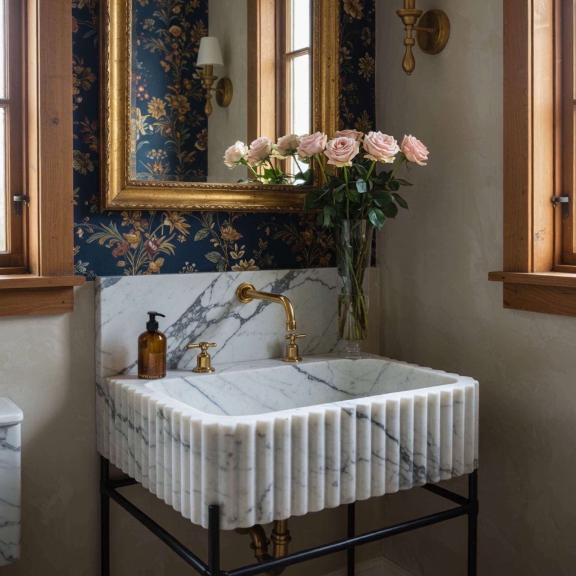 A striking Calacatta Viola fluted marble sink with a black metal stand, crafted for luxurious powder rooms.