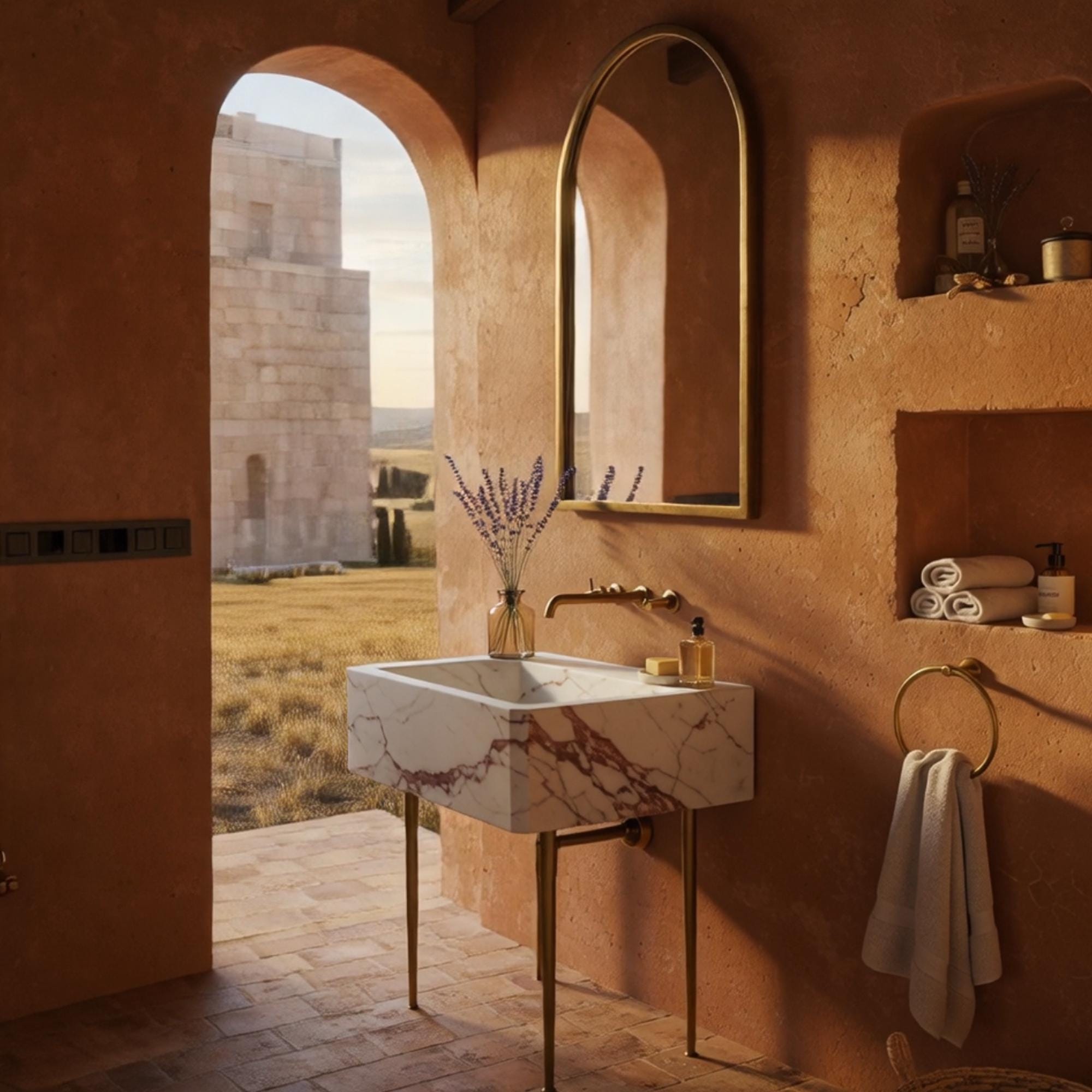 Minimalist bathroom vanity featuring Calacatta Viola marble sink and modern brass legs.