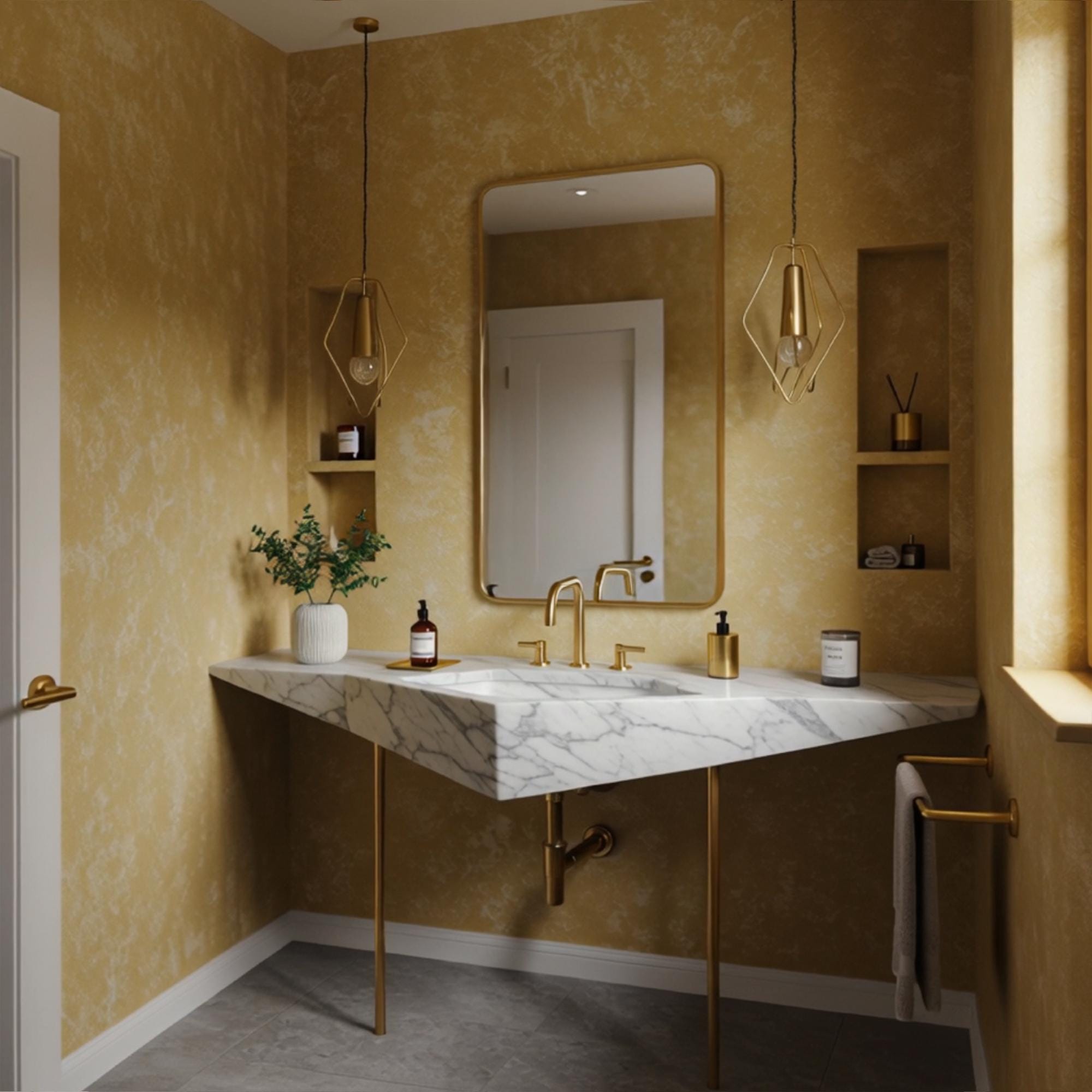 Stylish bathroom vanity with asymmetrical Carrara marble top and brass support legs.
