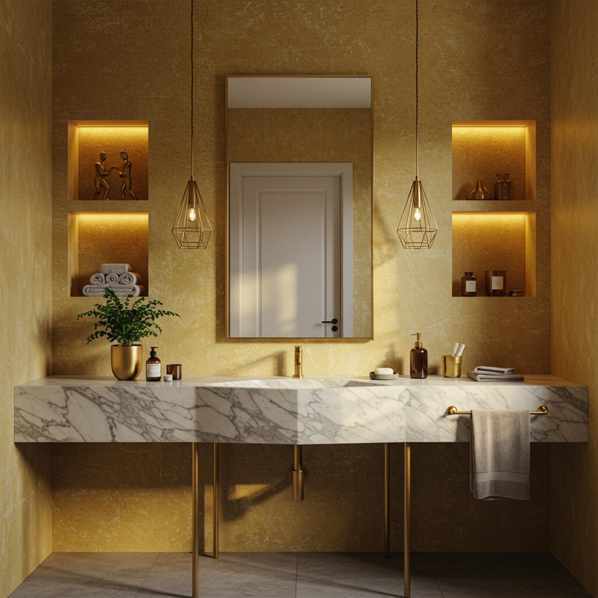 Carrara marble extra wide floating sink with wall-mounted design and brass fixtures.