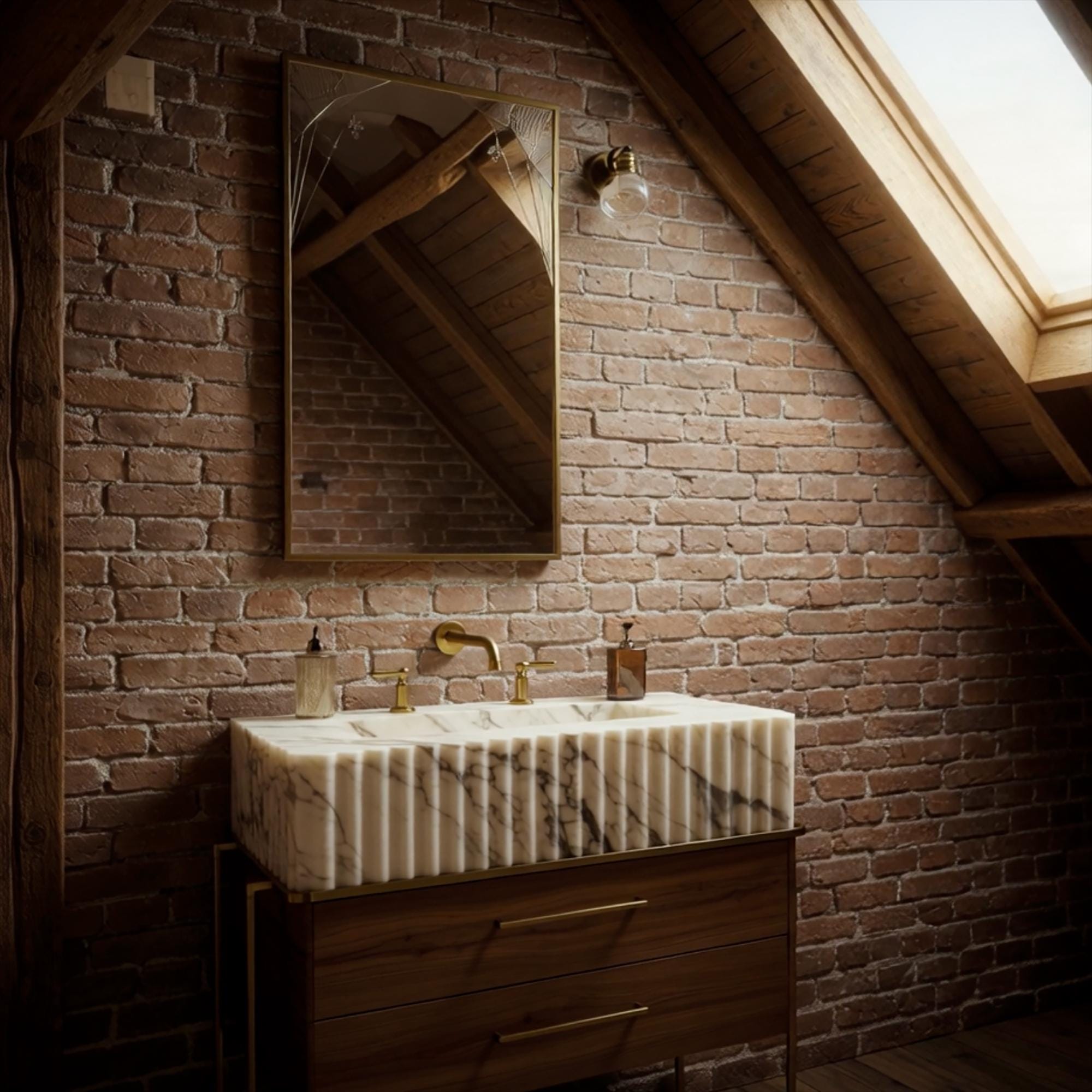 Elegant fluted Carrara marble sink with brass faucet and drawer handles, mounted on a contemporary wood vanity against brick wall backdrop.