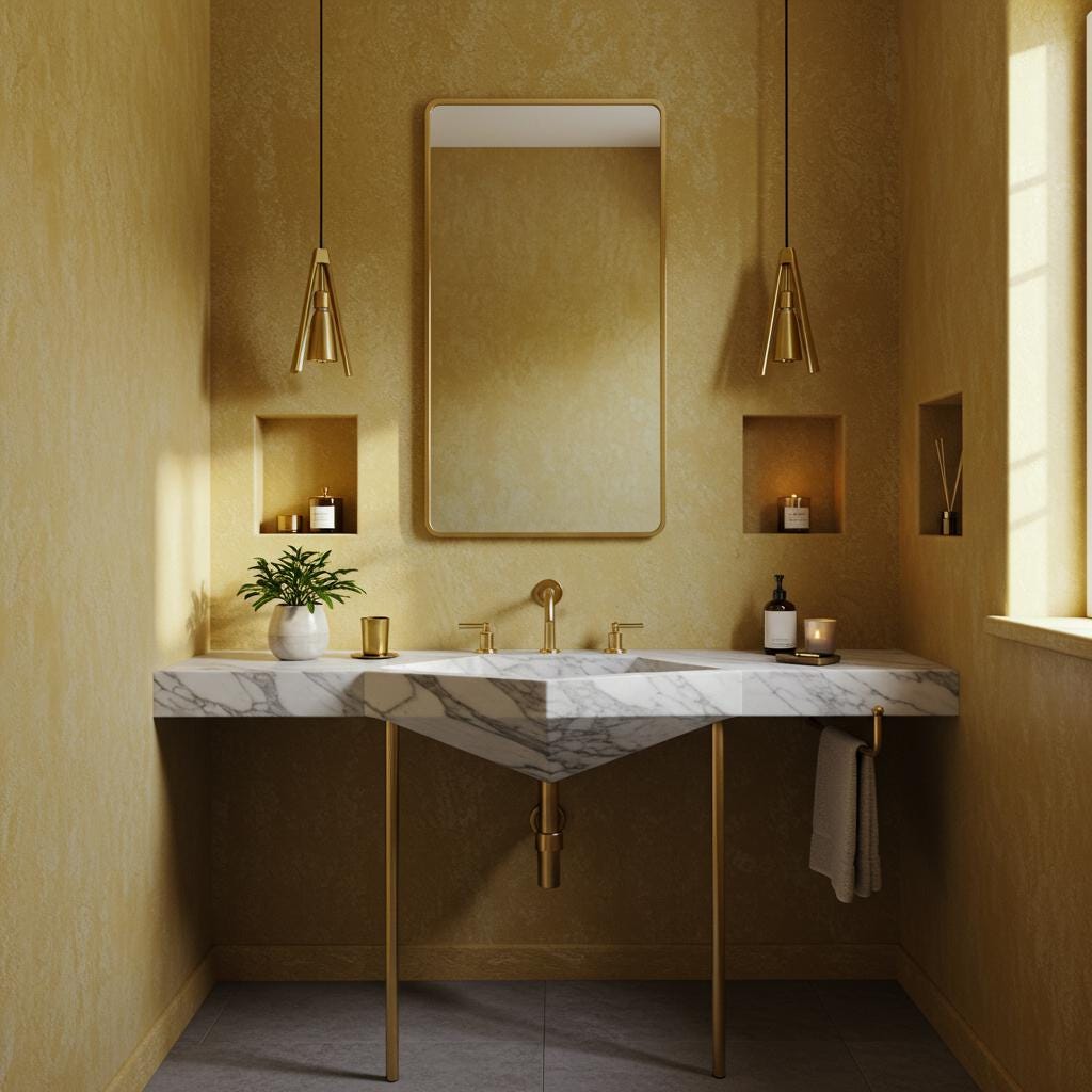 Geometric Carrara marble console sink with sharp angular lines, supported by brass legs and an integrated towel bar for a sleek modern bathroom design.