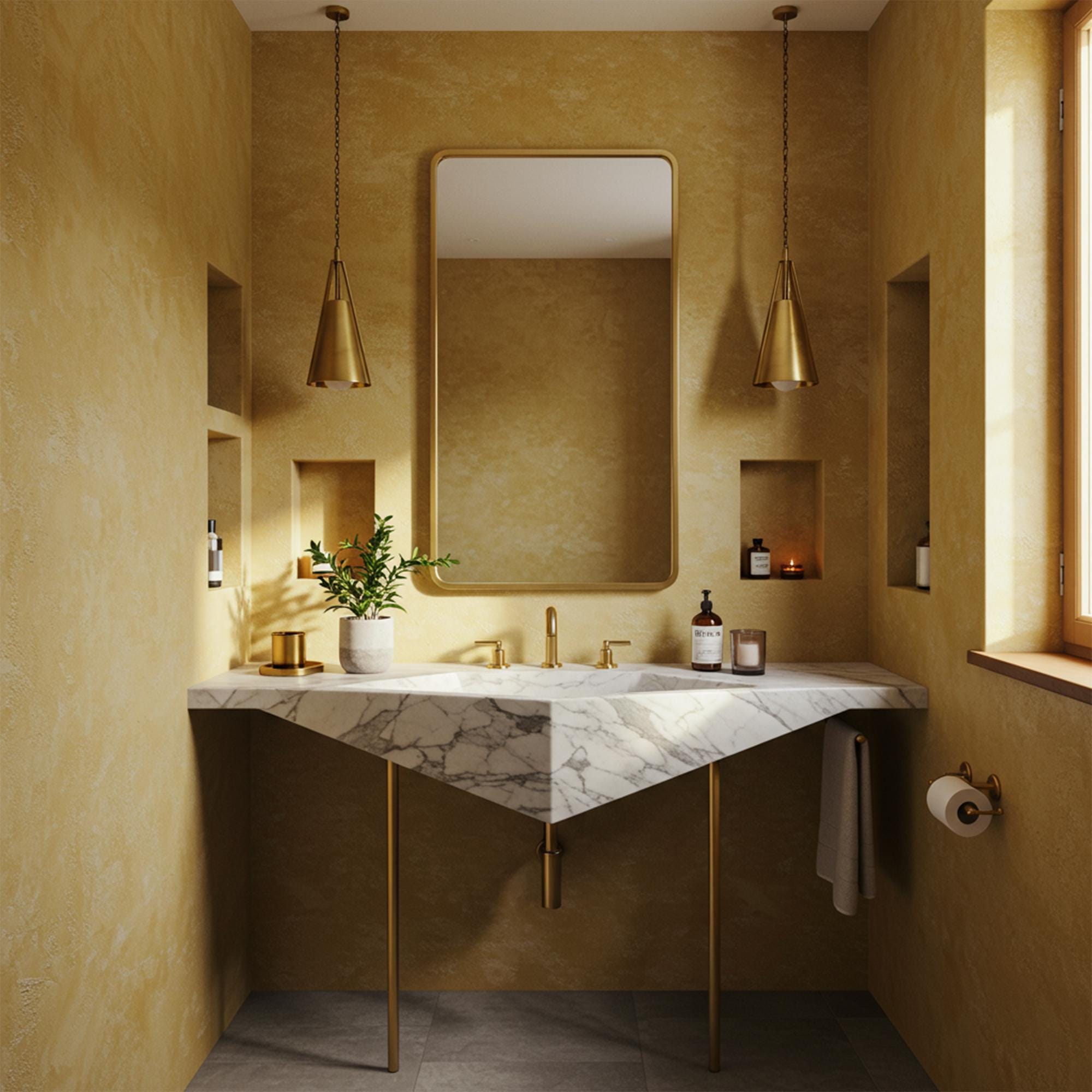 Carrara marble geometric console vanity with asymmetrical stone top and brass legs