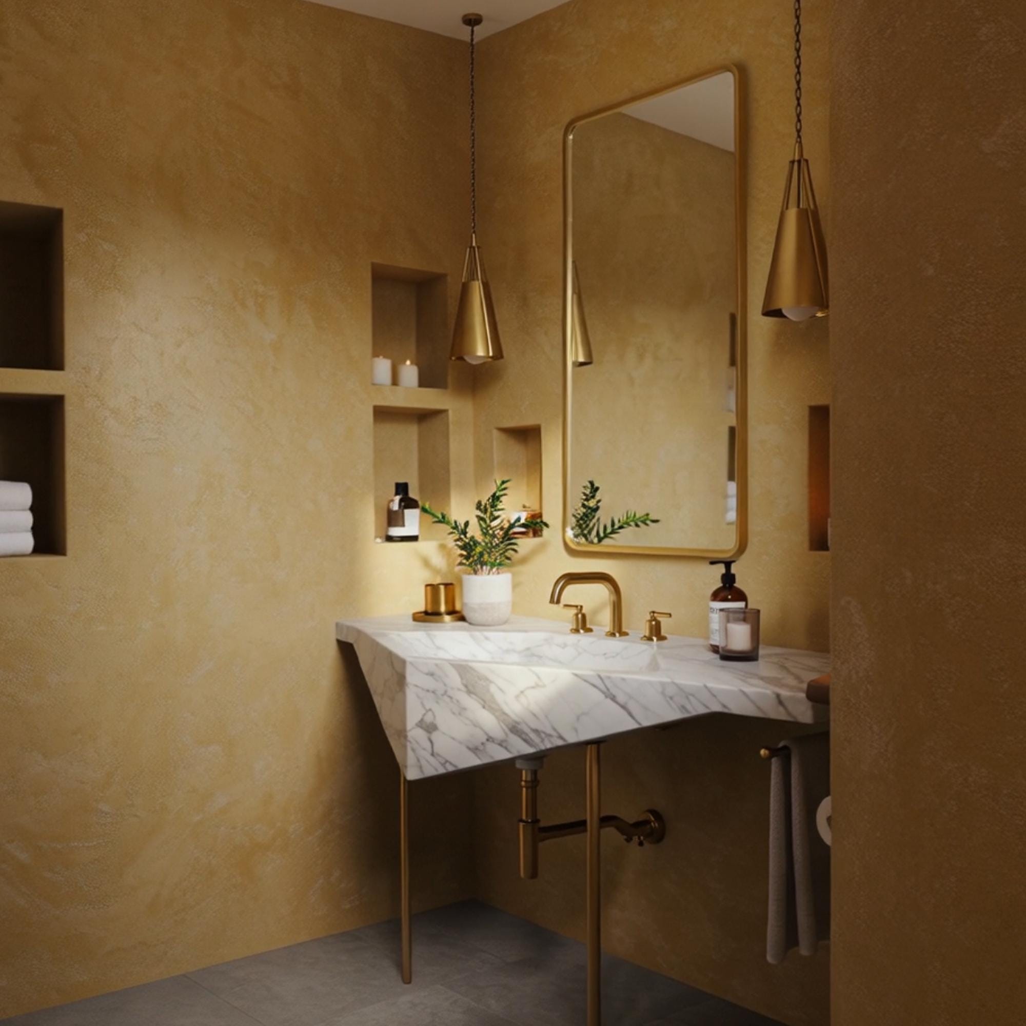 Corner-mounted console vanity with white carrara marble and minimalist brass support